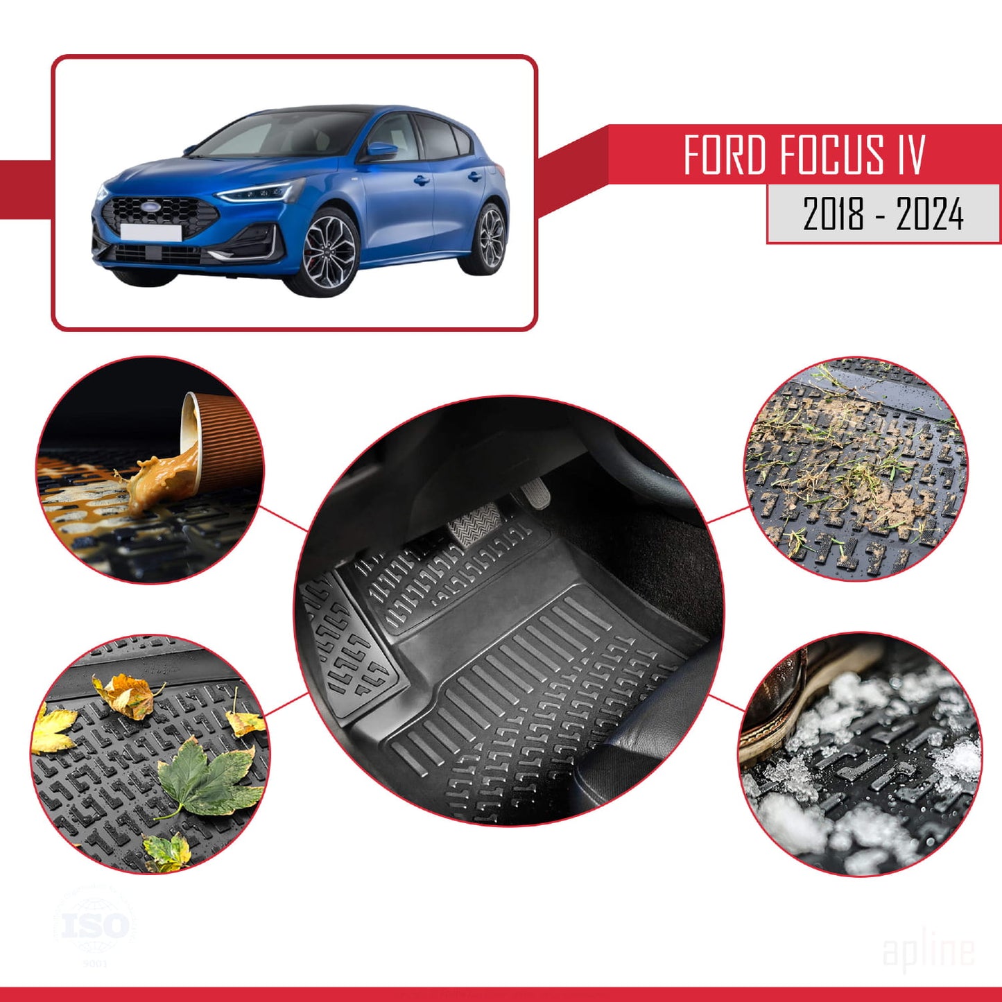 Compatible avec Ford Focus 4 (C519) 2018-2025 4D Tapis de Voiture Noir