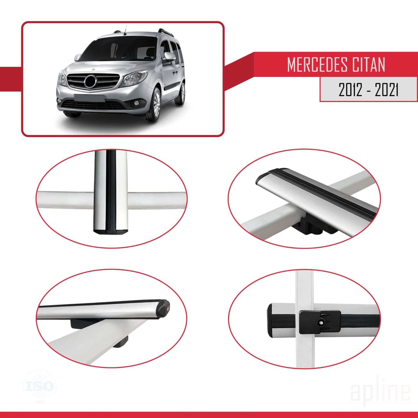 Compatible avec Mercedes Citan (W415) 2012-2021 BASIC Model Barres de Toit Railing Porte-Bagages de Voiture Gris Aluminium 3 Barres