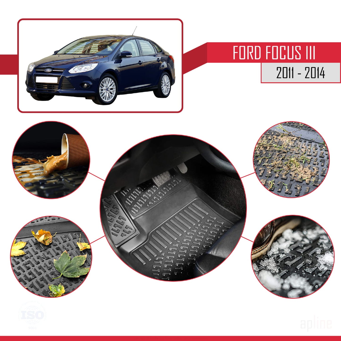 Compatible avec Ford Focus 3 (C346) Pre-Facelift 2011-2014 4D Tapis de Voiture Noir