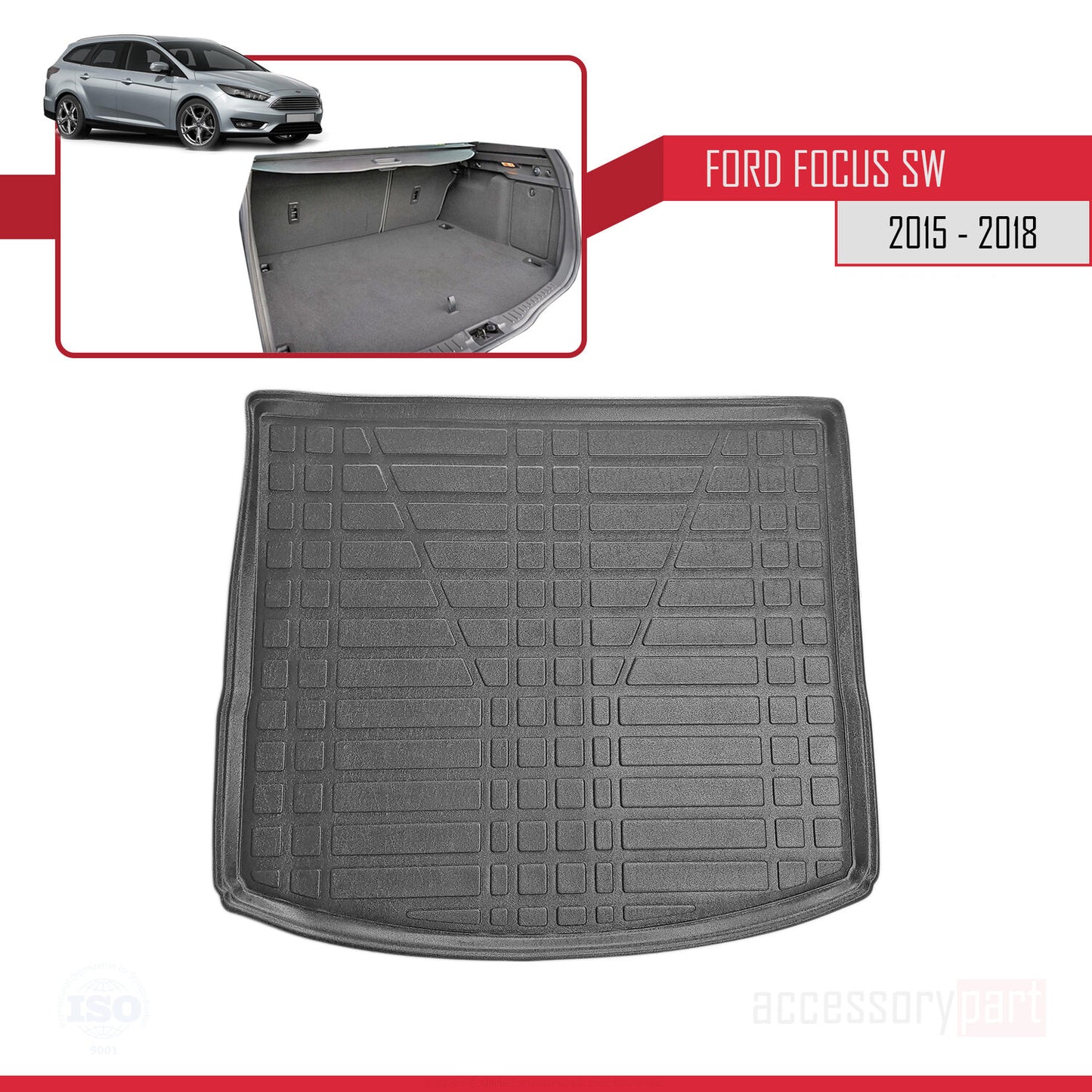 Compatible avec Ford Focus 3 (C346) Break Post-Facelift 2015-2018 Flexible Tapis de Coffre Plancher de Chargement Noir