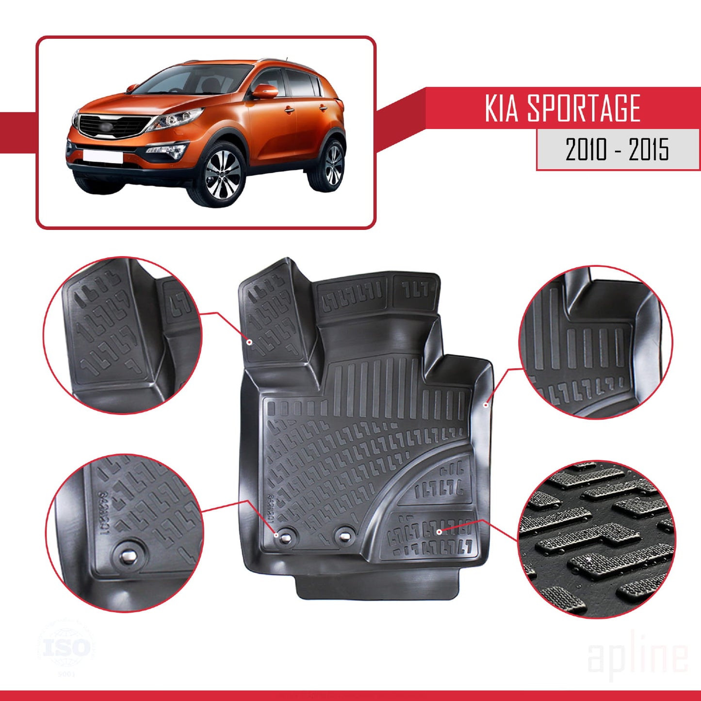 Compatible avec Kia Sportage 3 (SL) 2010-2015 4D Tapis de Voiture Noir