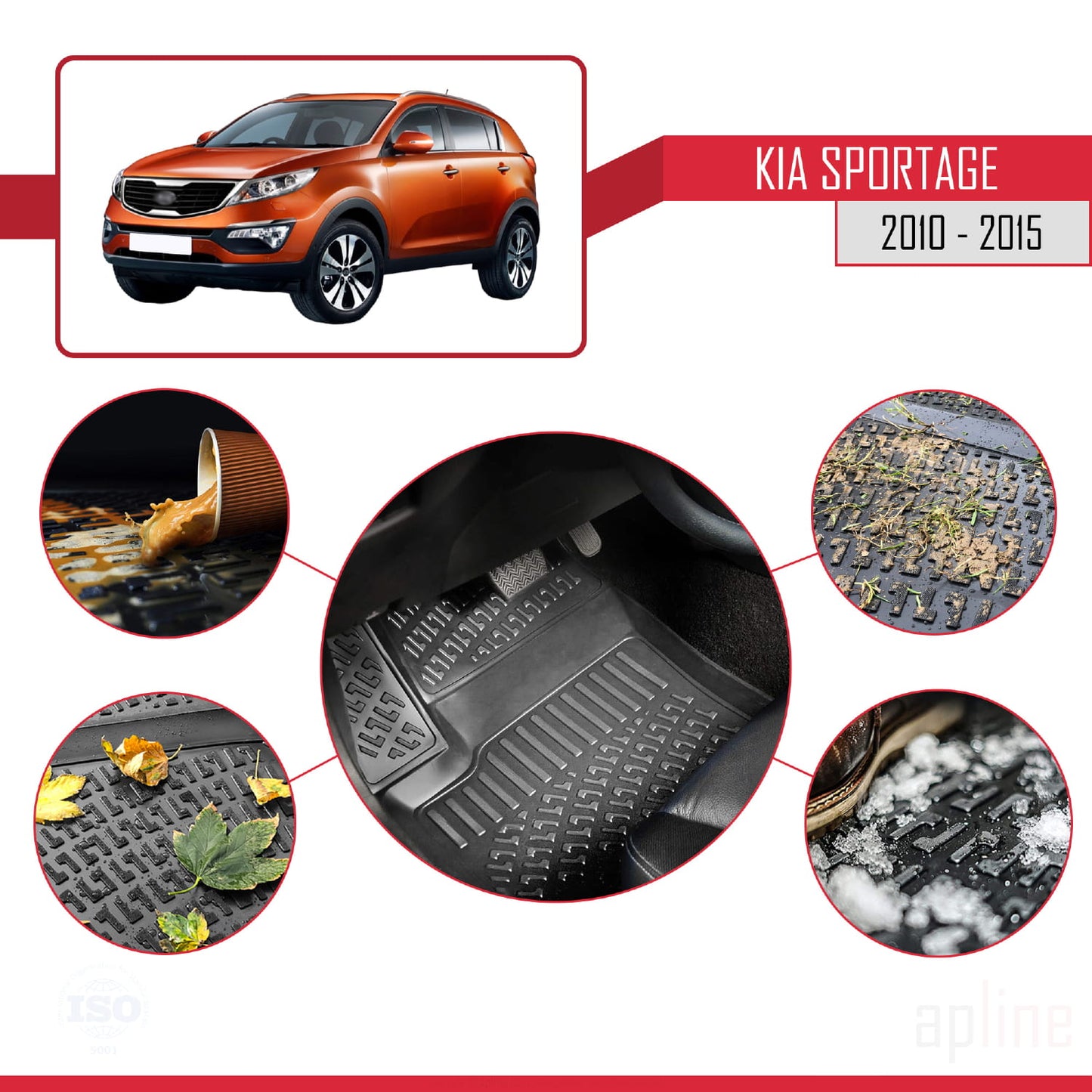 Compatible avec Kia Sportage 3 (SL) 2010-2015 4D Tapis de Voiture Noir