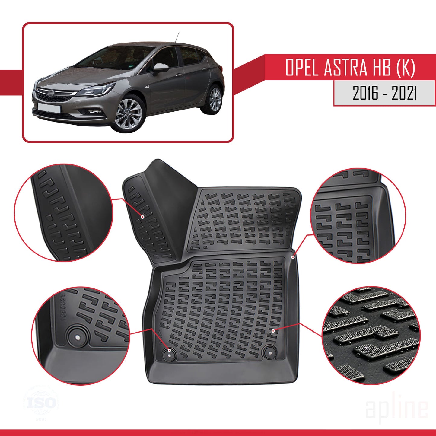 Compatible avec Opel Astra K (B15) HB 2016-2021 4D Tapis de Voiture Noir