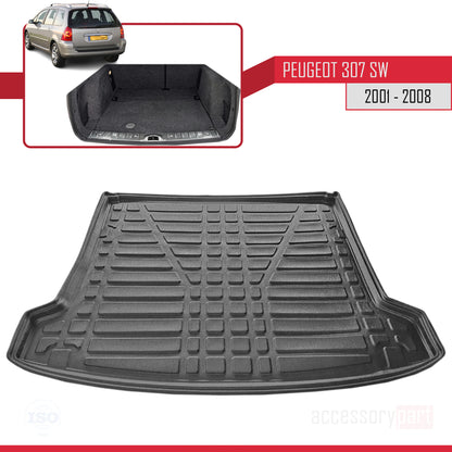 Compatible avec Peugeot 307 Outdoor 2001-2008 Flexible Tapis de Coffre Plancher de Chargement Noir
