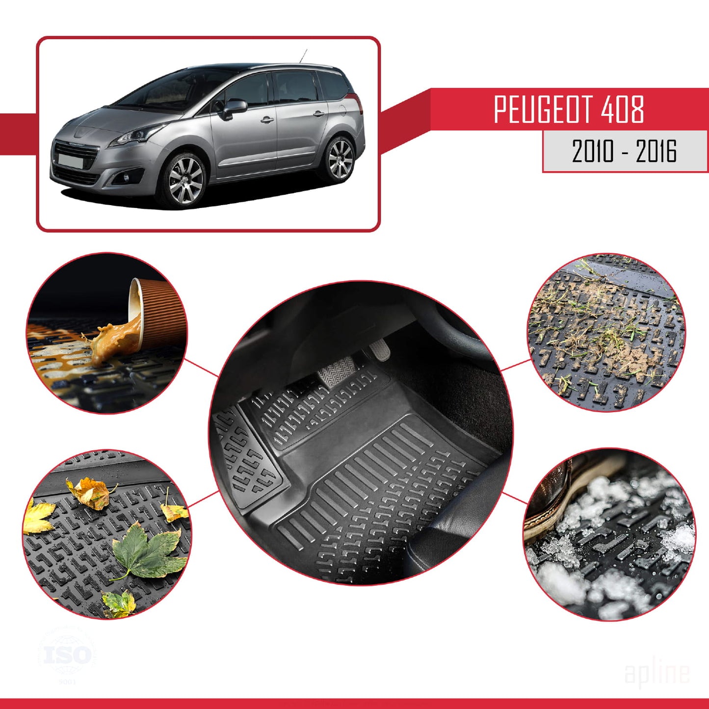 Compatible avec Peugeot 5008 (T8) 2010-2016 4D Tapis de Voiture Noir