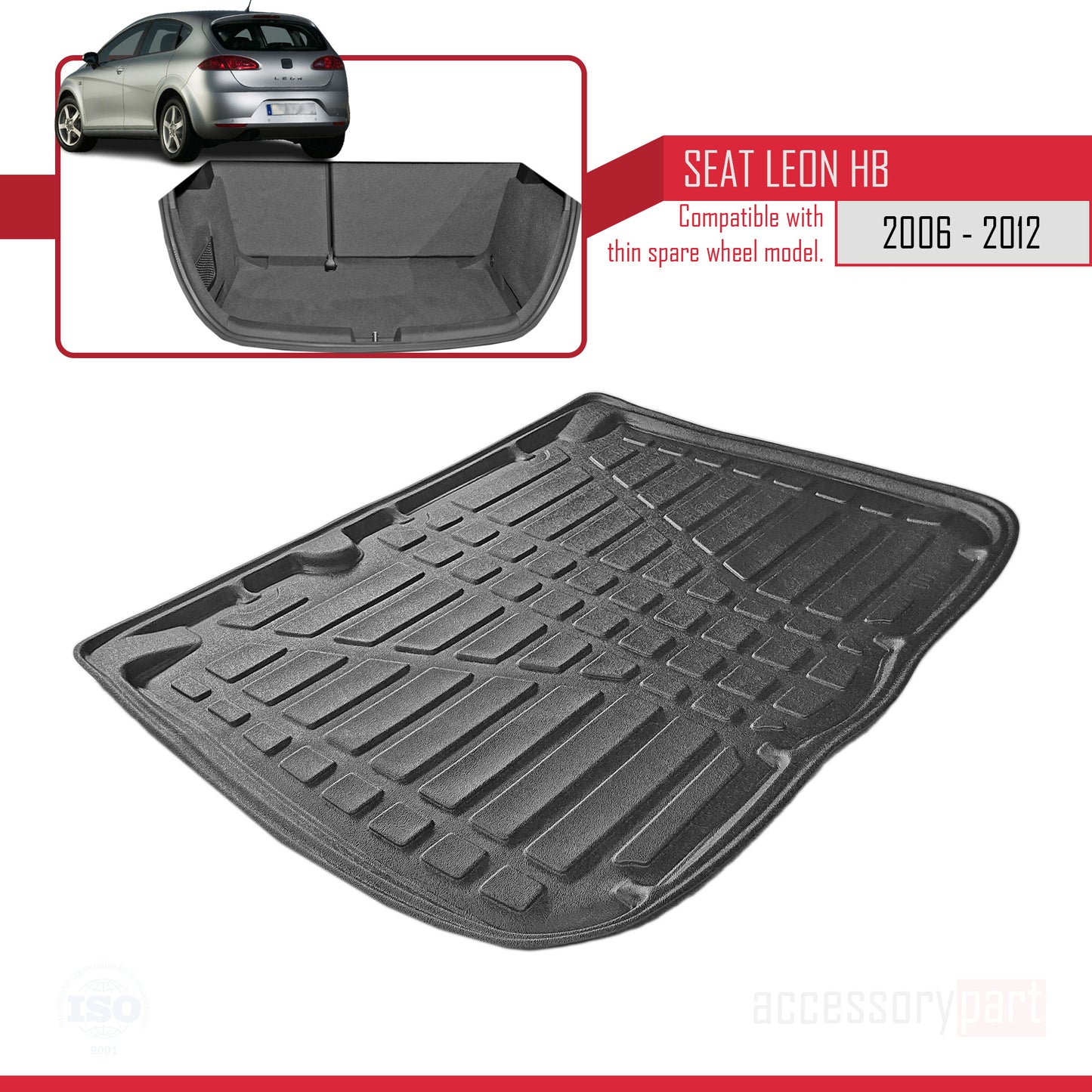 Compatible avec Seat Leon 2 (1P) 2006-2012 Flexible Tapis de Coffre Plancher de Chargement Noir