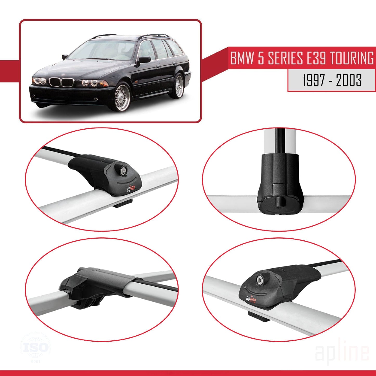 Compatible avec BMW Série 5 (E39) Touring 1997-2003 ACE-1 Barres de Toit Railing Porte-Bagages de Voiture Gris Aluminium 2 Barres