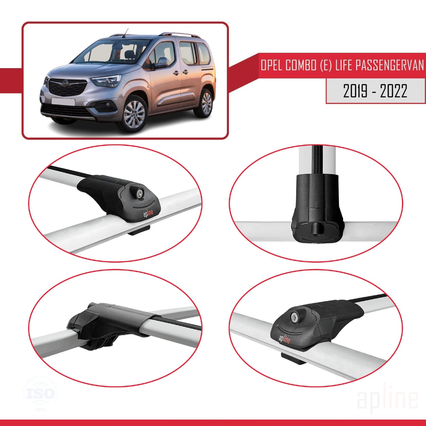 Compatible avec Opel Combo E Life 2019-2022 ACE-1 Barres de Toit Railing Porte-Bagages de Voiture Gris Aluminium 4 Barres