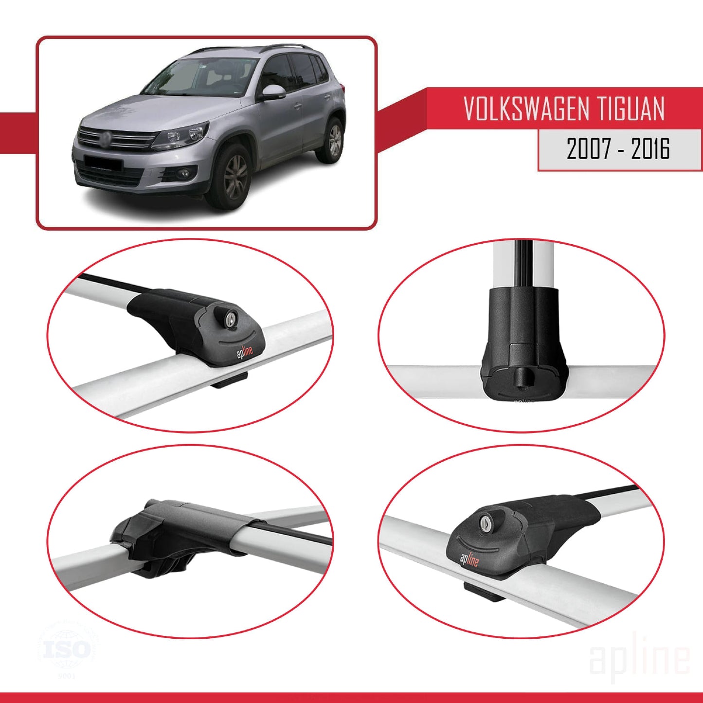 Compatible avec Volkswagen Tiguan (5N) 2007-2016  ACE-1 Barres de Toit Railing Porte-Bagages de Voiture Gris Aluminium 2 Barres