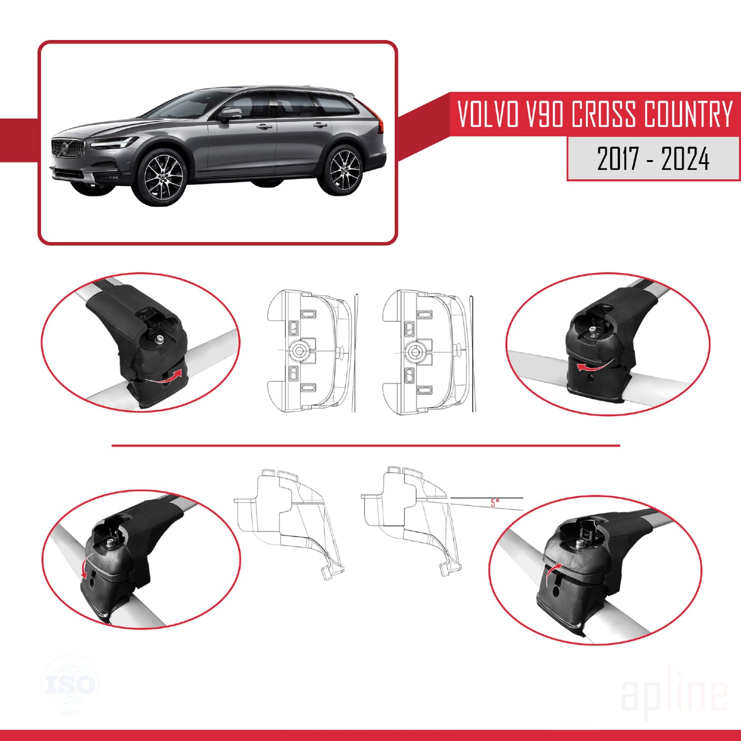 Compatible avec Volvo V90 Cross Country 2017-2024 ACE-2 Barres de Toit Railing Porte-Bagages de Voiture Gris Aluminium 2 Barres