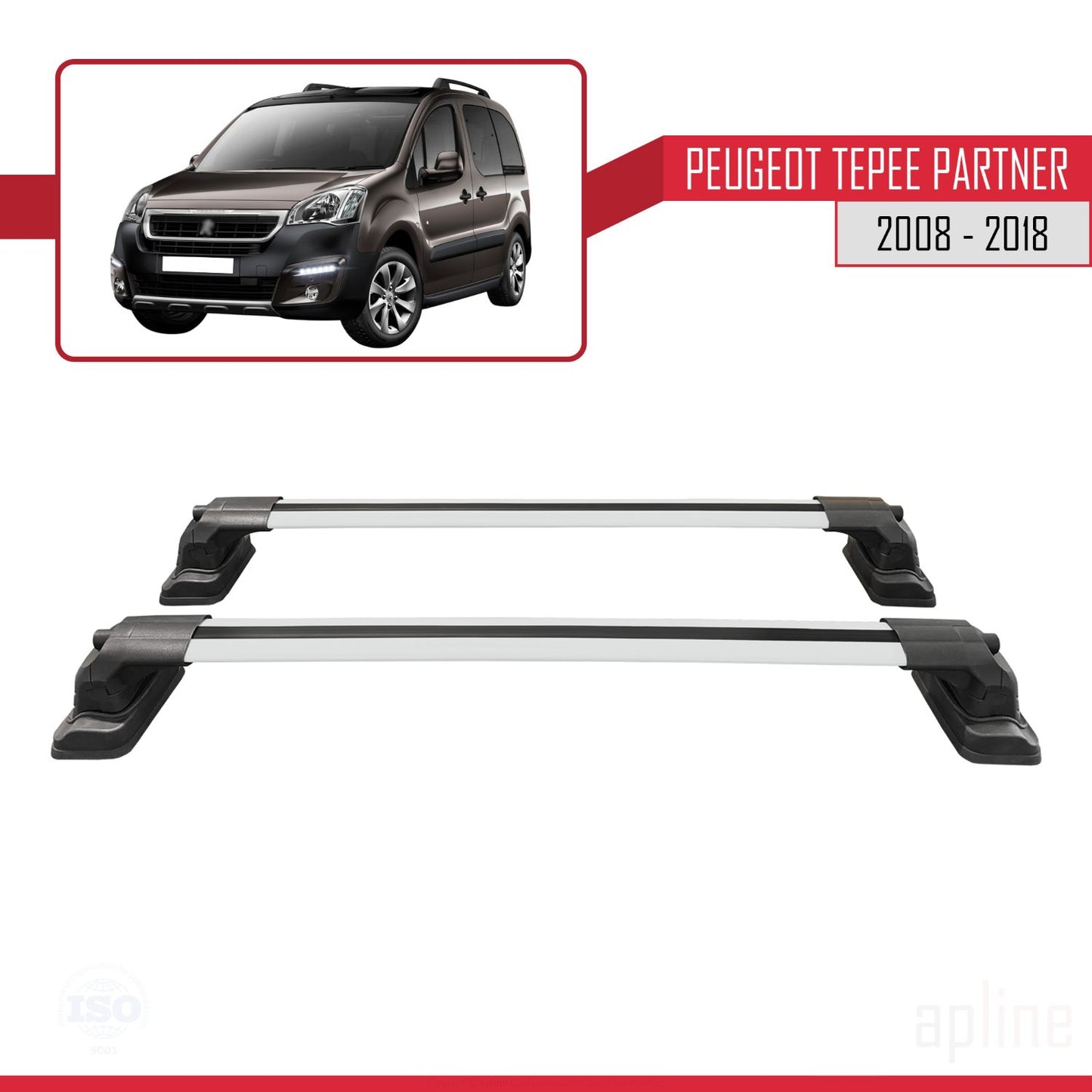 Compatible avec Peugeot Partner Tepee 2008-2018 ACE-3 Barres de Toit Railing Porte-Bagages de Voiture Gris Aluminium 2 Barres