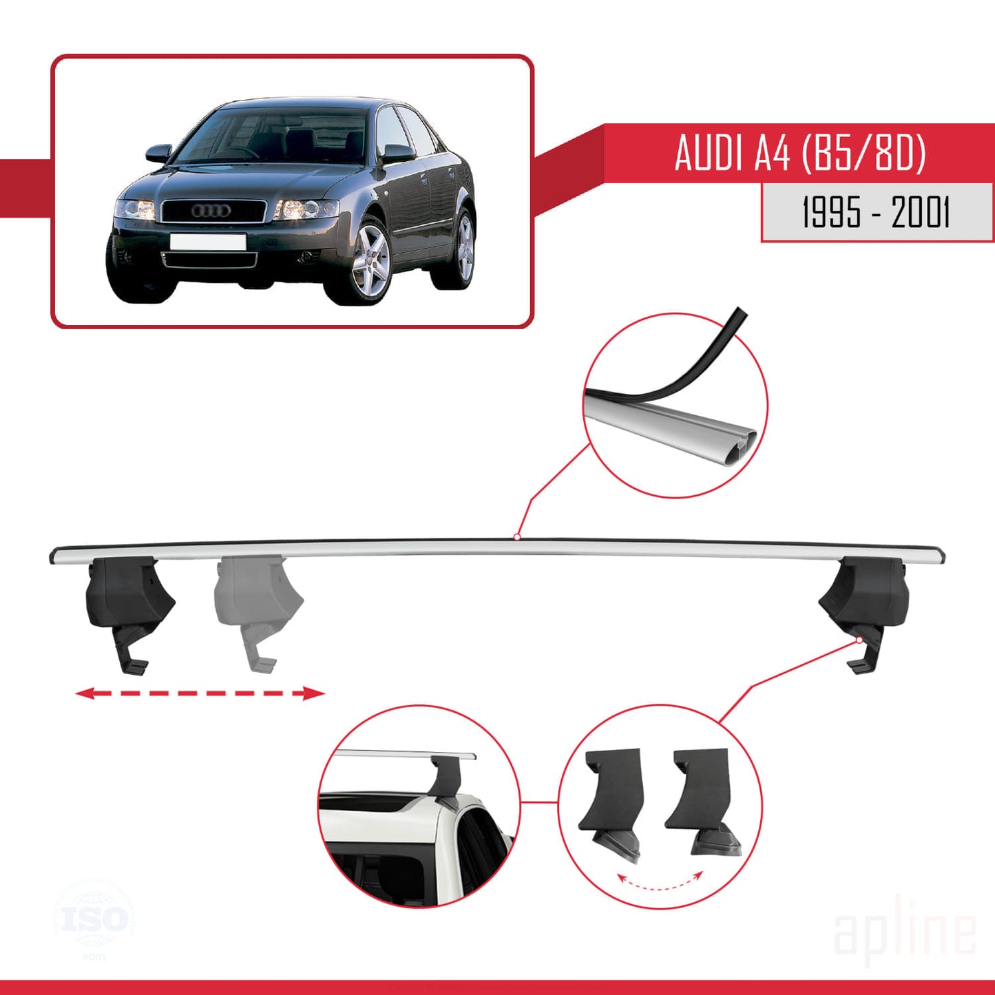 Compatible avec A4 (B5) 1995-2001 ACE-4 Barres de Toit Railing Porte-Bagages de Voiture Gris Aluminium 2 Barres