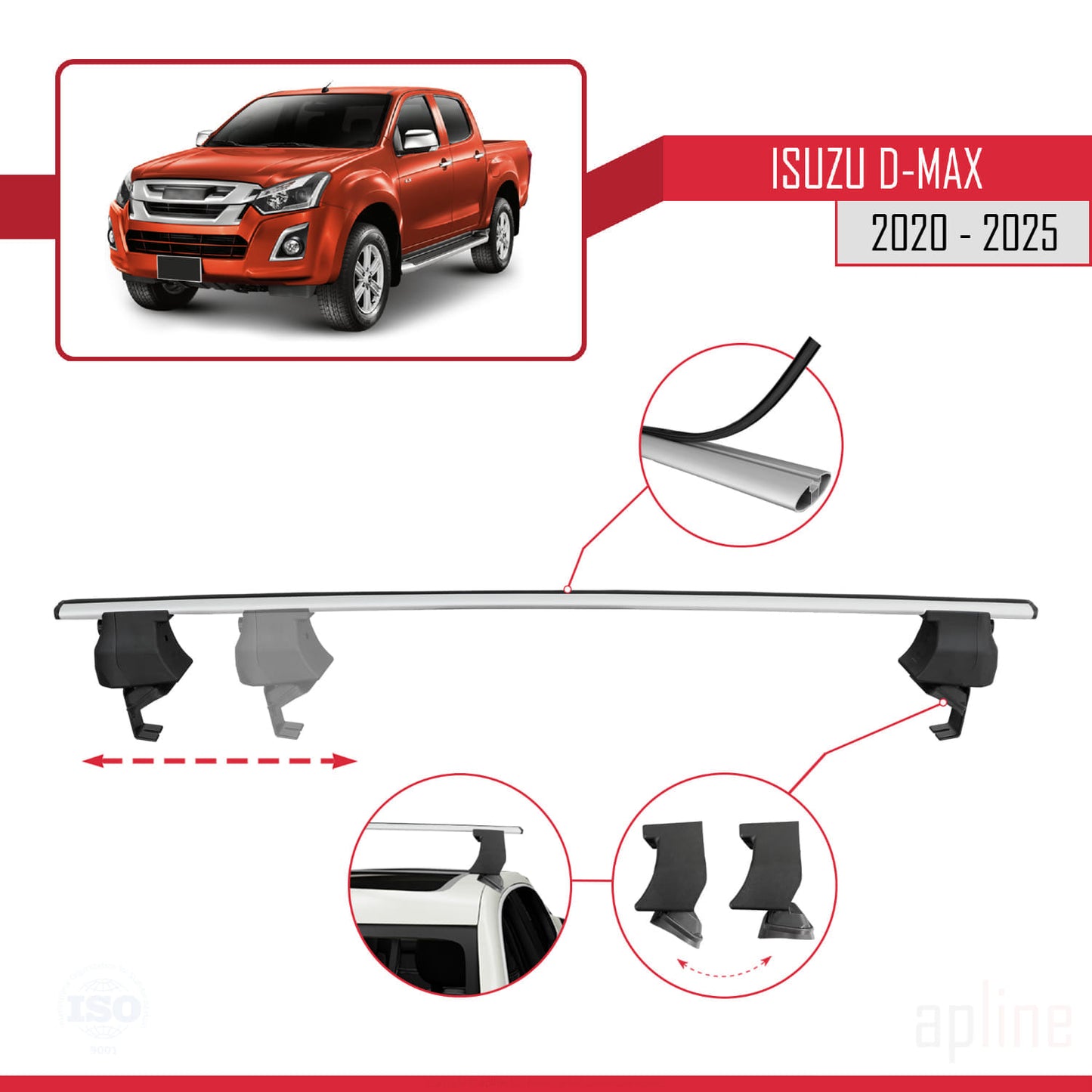 Compatible avec Isuzu D-Max 3 (RG01) 2020-2025 ACE-4 Barres de Toit Railing Porte-Bagages de Voiture Gris Aluminium 2 Barres