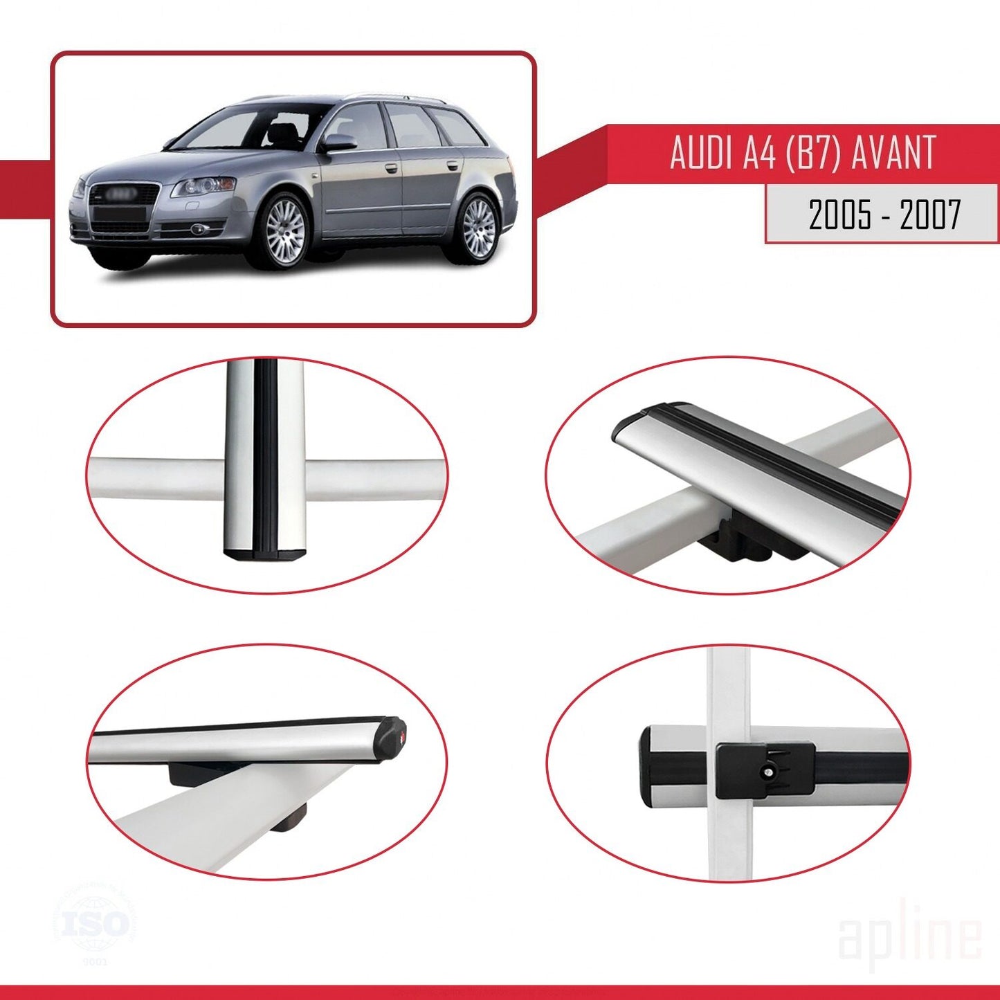 Compatible avec A4 (B7) Avant 2005-2007 BASIC Model Barres de Toit Railing Porte-Bagages de Voiture Gris Aluminium 3 Barres