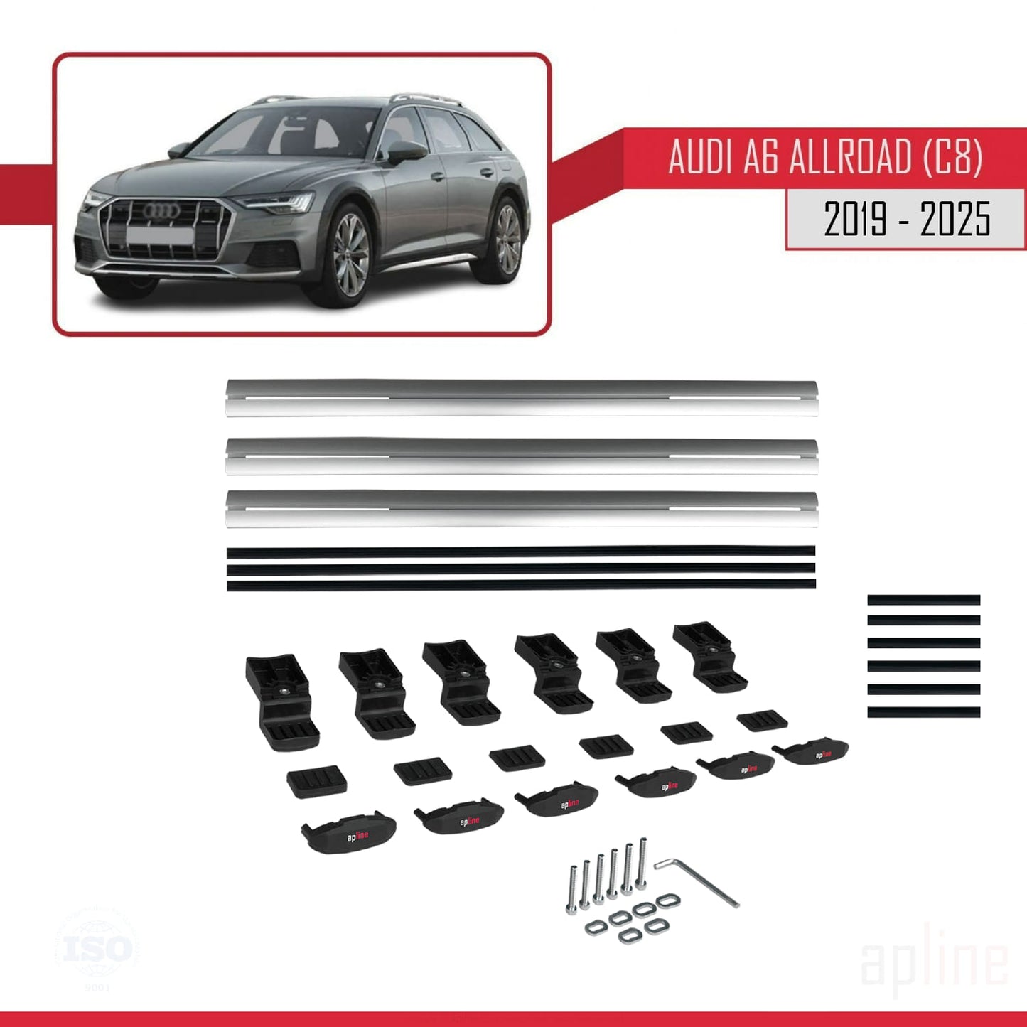 Compatible avec A6 (C8) Allroad 2019-2025 BASIC Model Barres de Toit Railing Porte-Bagages de Voiture Gris Aluminium 3 Barres