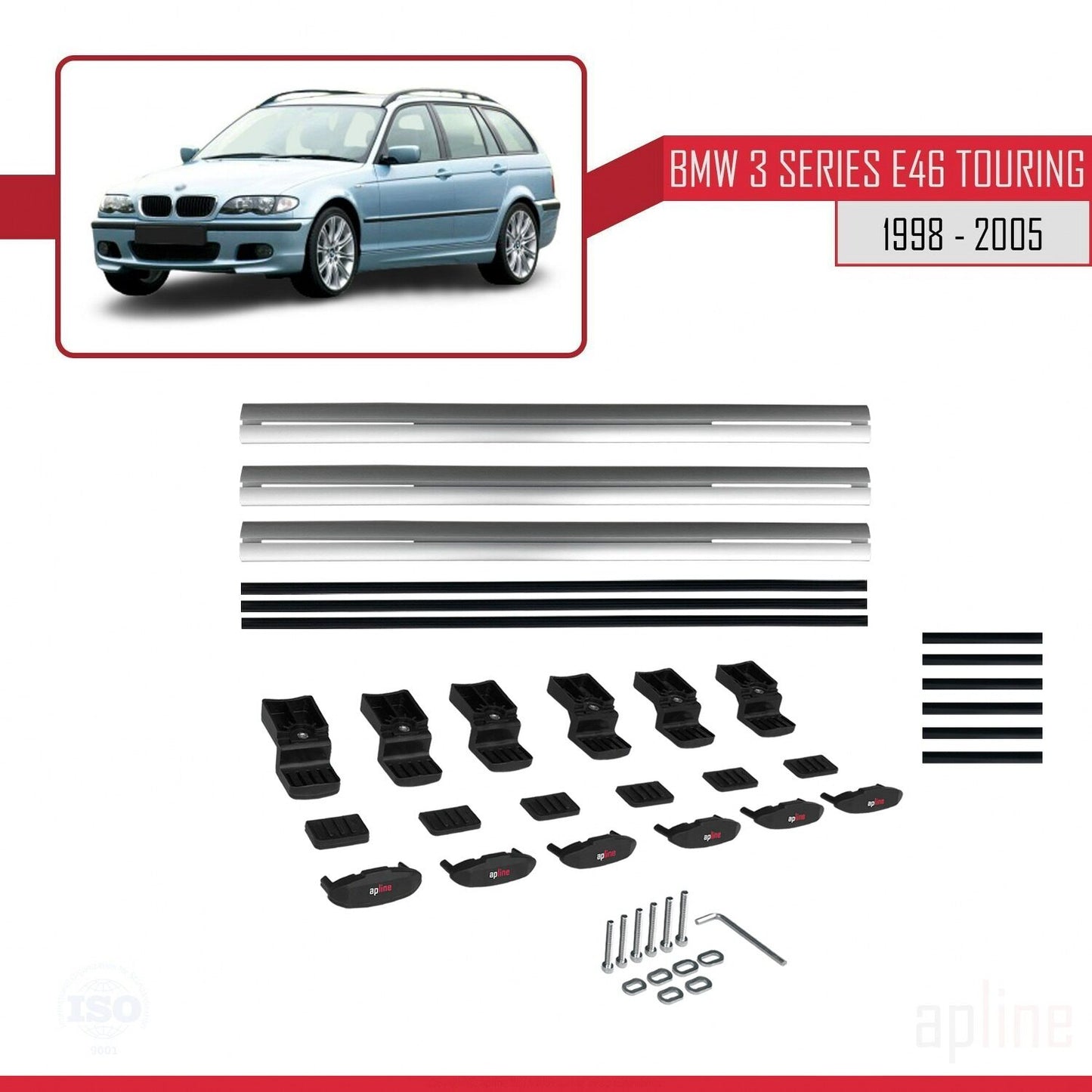 Compatible avec BMW Série 3 (E46) Touring 1999-2005 BASIC Model Barres de Toit Railing Porte-Bagages de Voiture Gris Aluminium 3 Barres