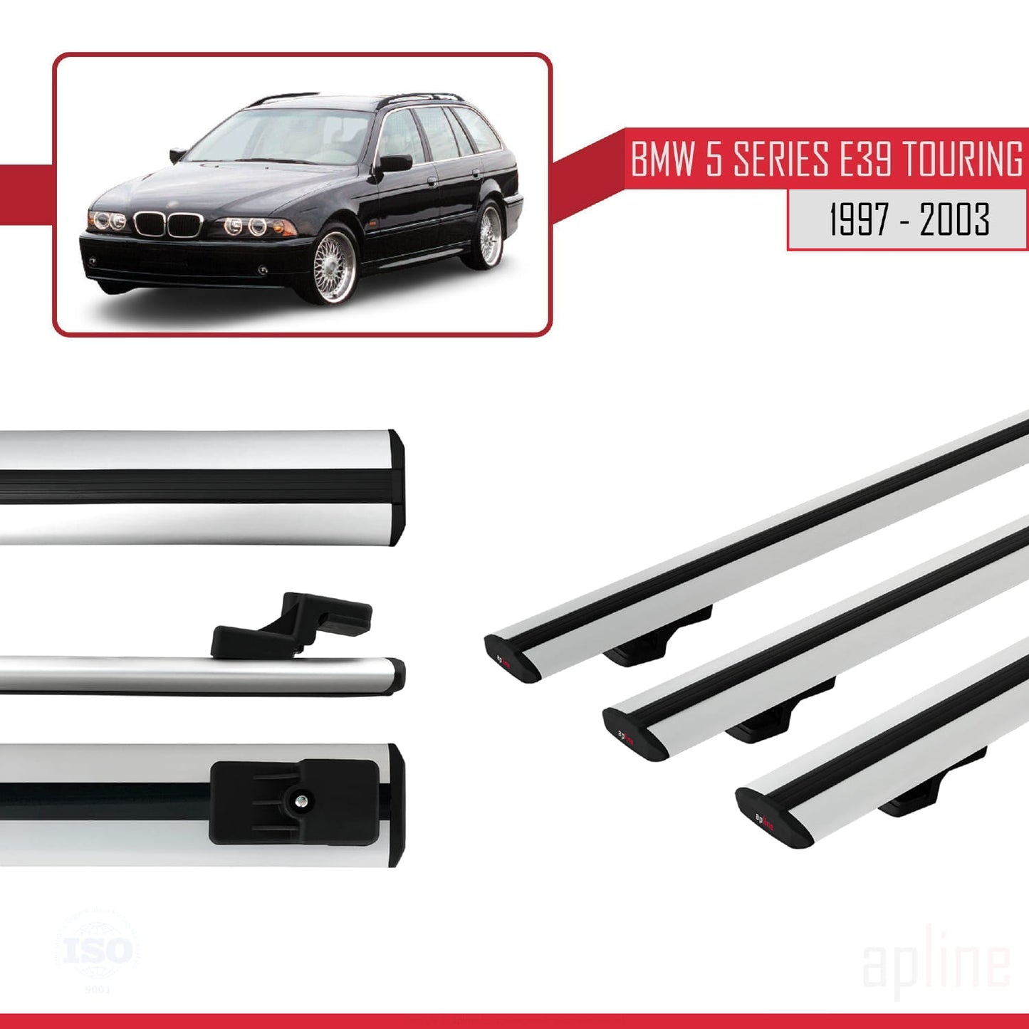Compatible avec BMW Série 5 (E39) Touring 1997-2003 BASIC Model Barres de Toit Railing Porte-Bagages de Voiture Gris Aluminium 3 Barres