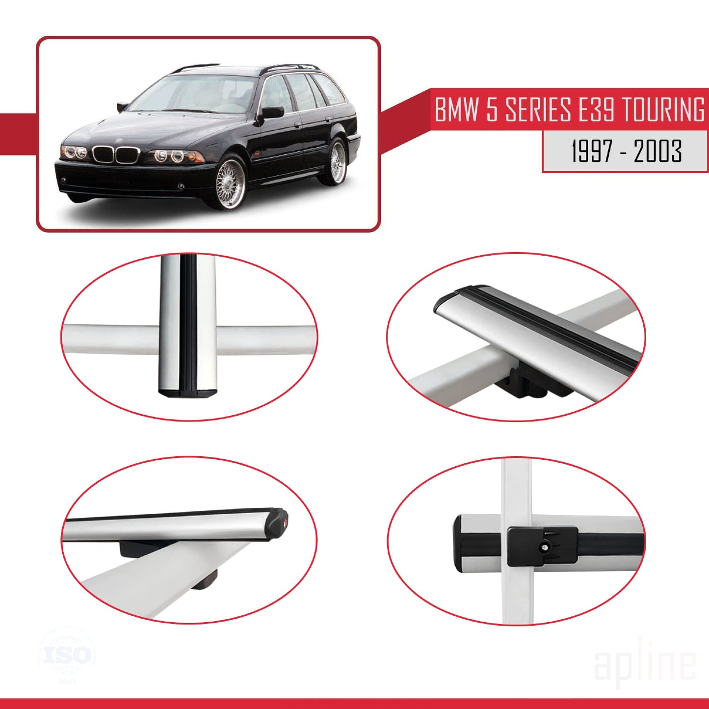 Compatible avec BMW Série 5 (E39) Touring 1997-2003 BASIC Model Barres de Toit Railing Porte-Bagages de Voiture Gris Aluminium 3 Barres