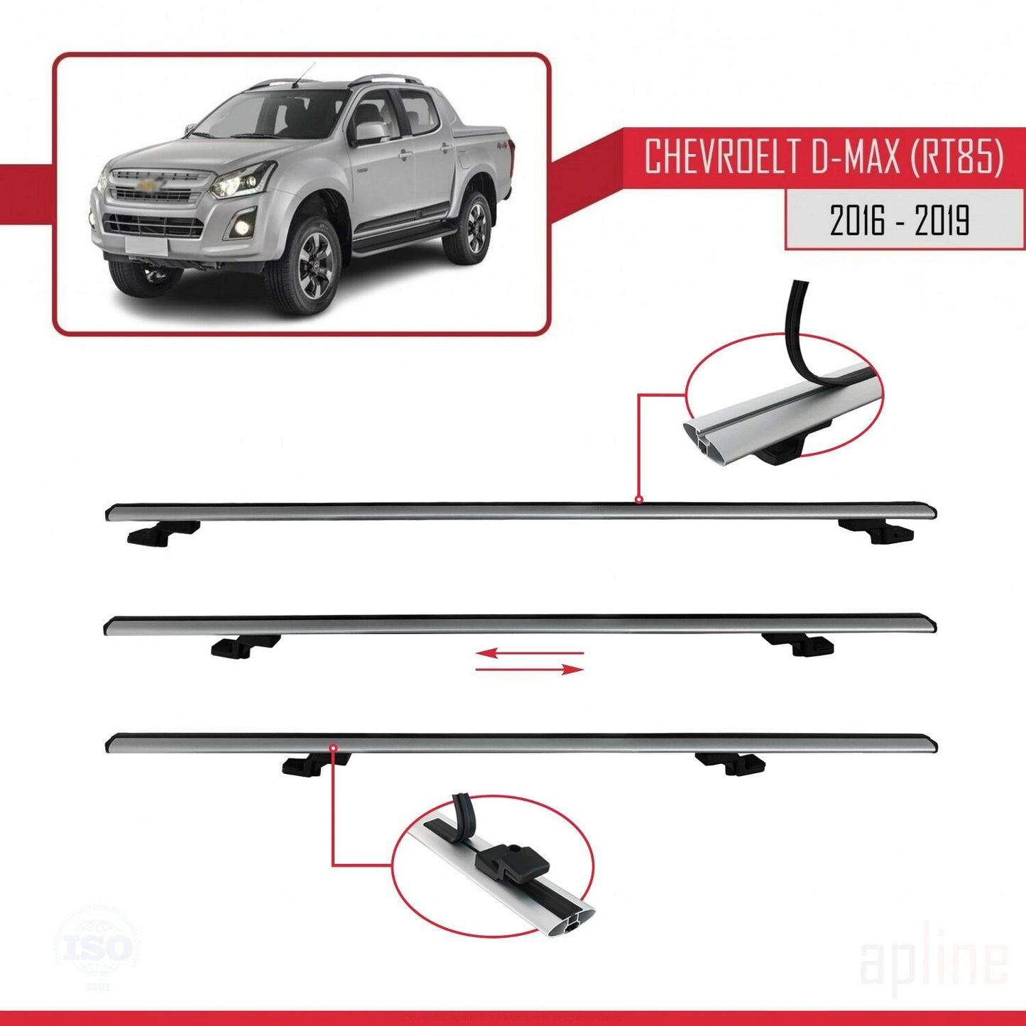 Compatible avec Chevrolet D-Max (RT85) 2016-2019 BASIC Model Barres de Toit Railing Porte-Bagages de Voiture Gris Aluminium 2 Barres