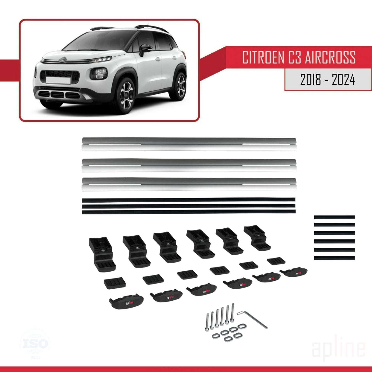 Compatible avec Citroen C3 Aircross (A88) 2018-2024 BASIC Model Barres de Toit Railing Porte-Bagages de Voiture Gris Aluminium 3 Barres
