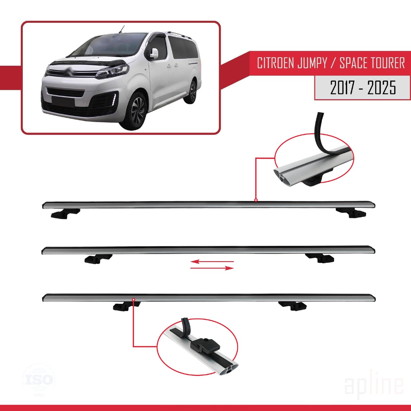 Compatible avec Citroen Jumpy 3 (K0) Space Tourer 2017-2025 BASIC Model Barres de Toit Railing Porte-Bagages de Voiture Gris Aluminium 4 Barres
