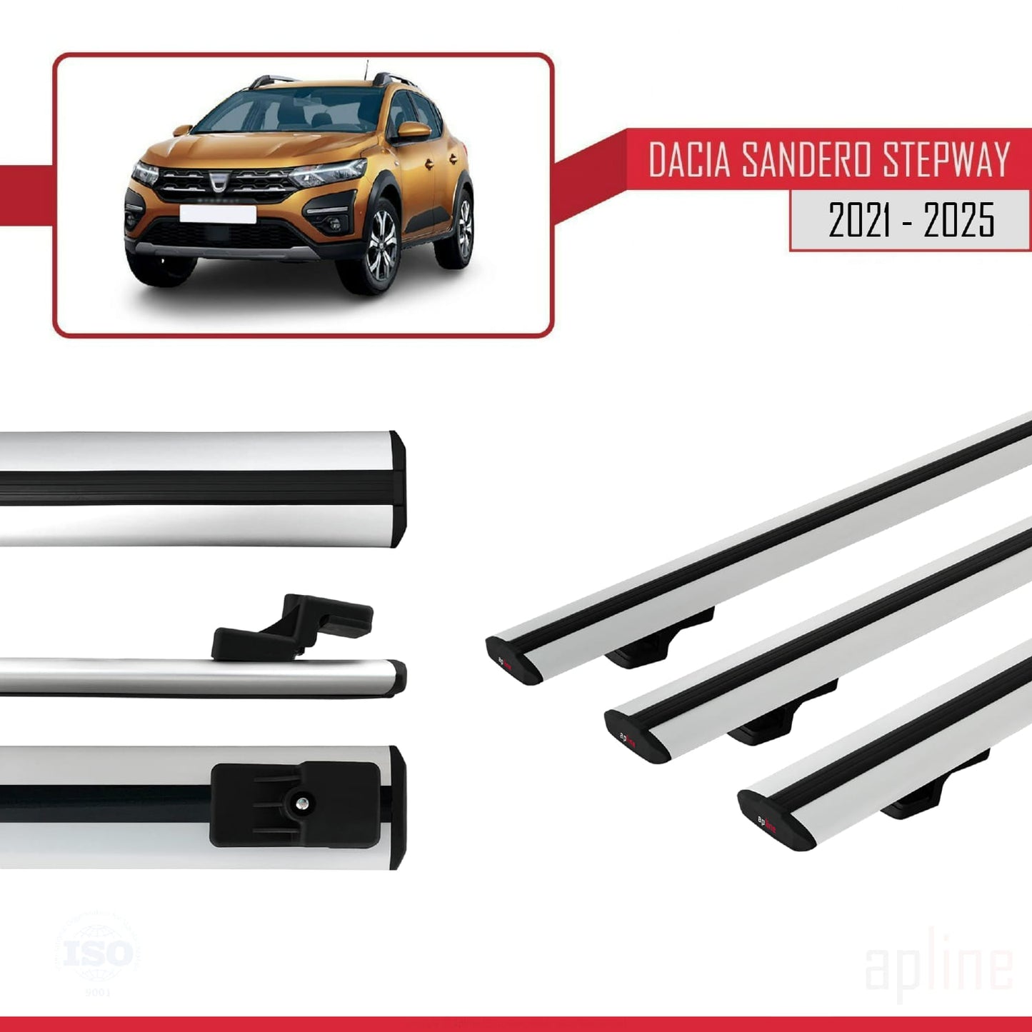 Compatible avec Dacia Sandero Stepway 3 2021-2025 BASIC Model Barres de Toit Railing Porte-Bagages de Voiture Gris Aluminium 3 Barres