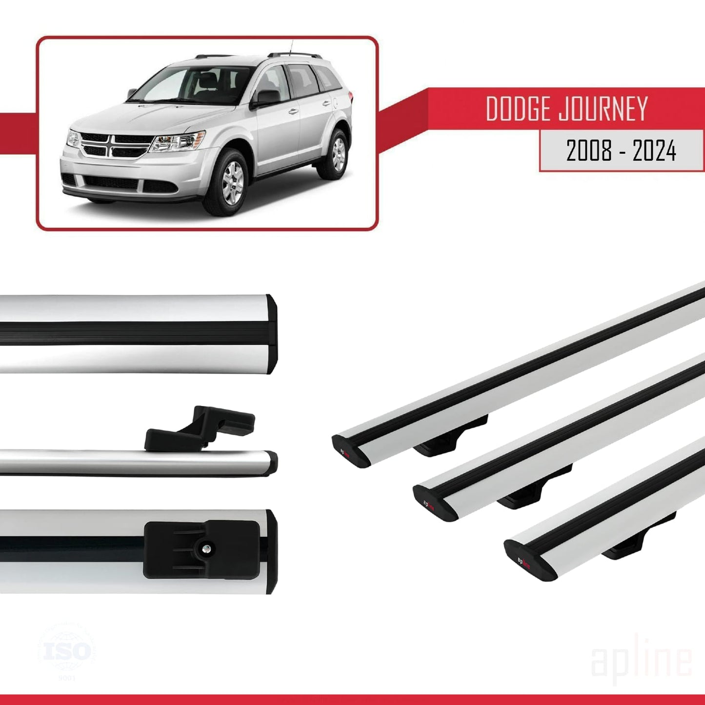 Compatible avec Dodge Journey 2008-2024 BASIC Model Barres de Toit Railing Porte-Bagages de Voiture Gris Aluminium 3 Barres