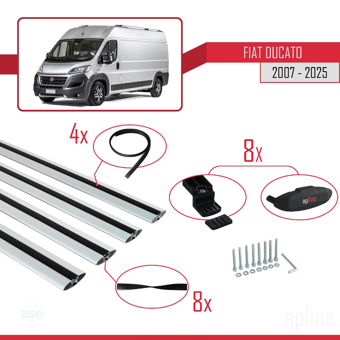 Compatible avec Fiat Ducato 3 2007-2025 BASIC Model Barres de Toit Railing Porte-Bagages de Voiture Gris Aluminium 4 Barres