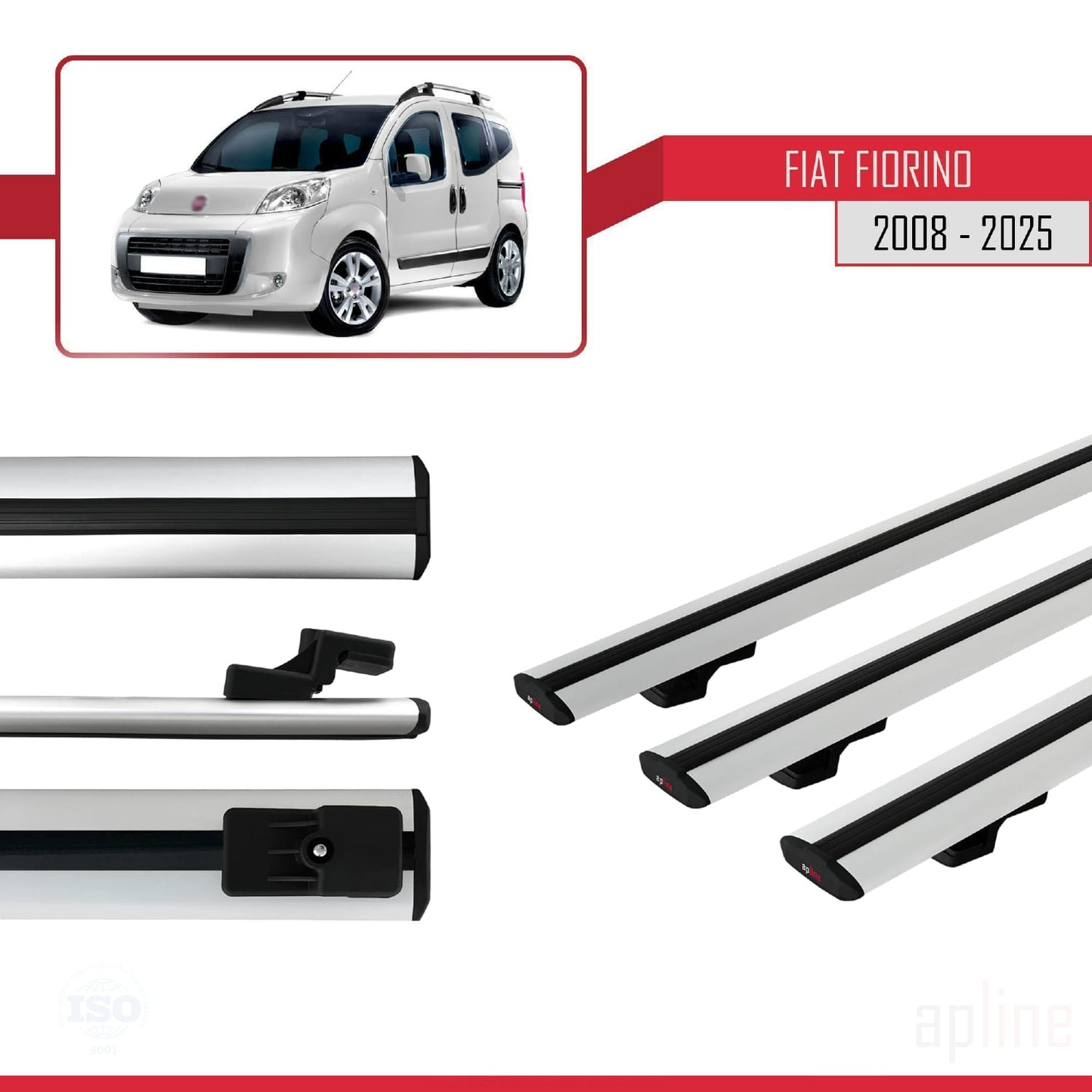 Compatible avec Fiat Fiorino 3 2008-2025 BASIC Model Barres de Toit Railing Porte-Bagages de Voiture Gris Aluminium 3 Barres