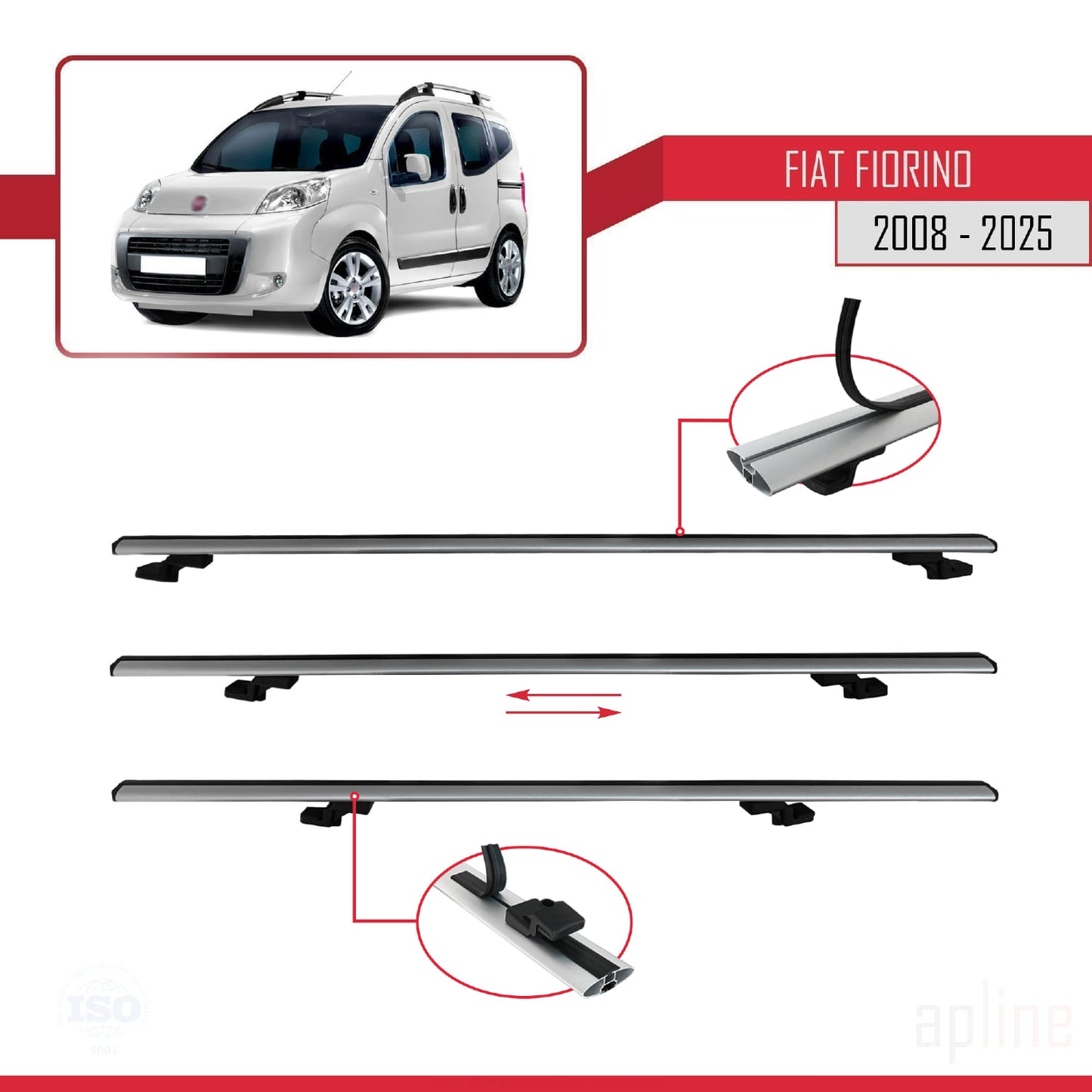 Compatible avec Fiat Fiorino 3 2008-2025 BASIC Model Barres de Toit Railing Porte-Bagages de Voiture Gris Aluminium 3 Barres
