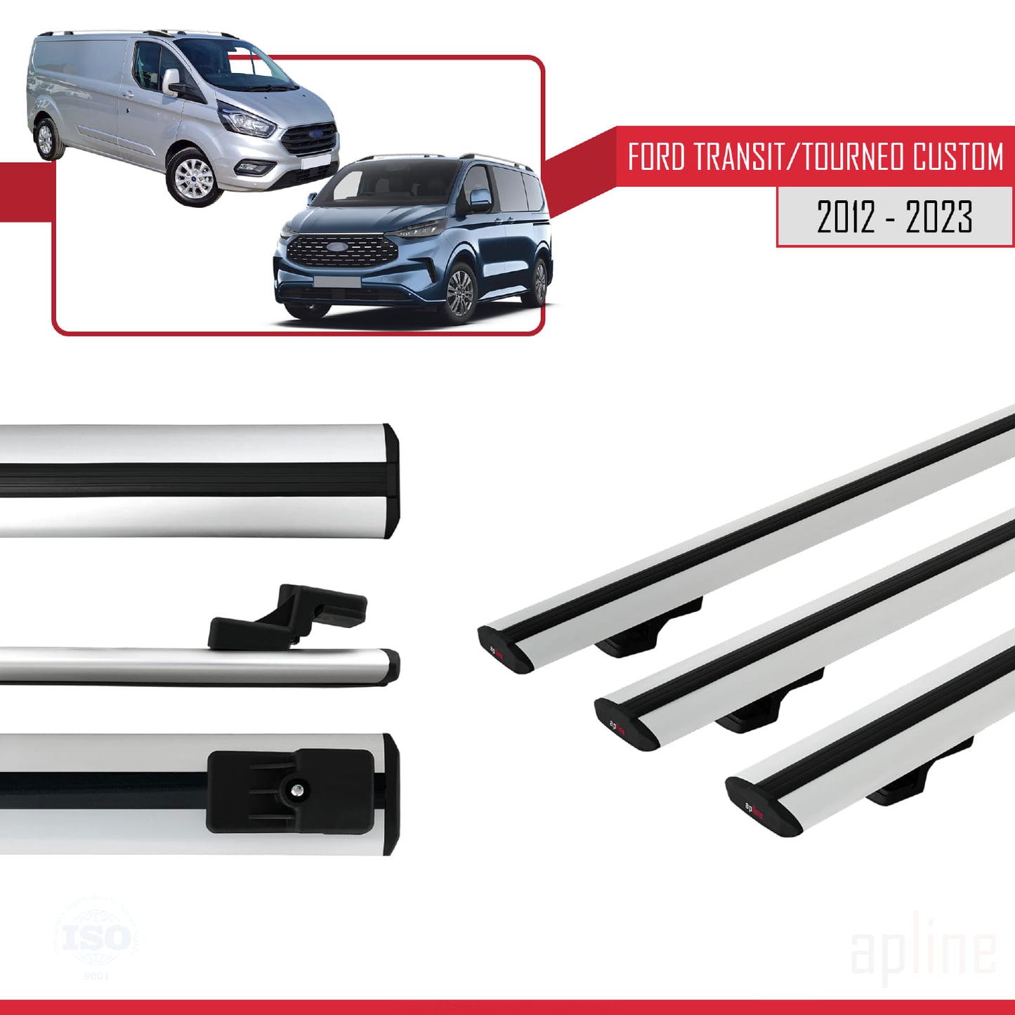 Compatible avec Ford Transit/Tourneo Custom 2012-2023 BASIC Model Barres de Toit Railing Porte-Bagages de Voiture Gris Aluminium 3 Barres