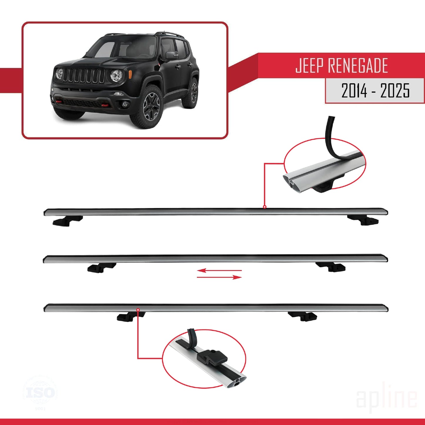 Compatible avec Jeep Renegade (BU) 2014-2025 BASIC Model Barres de Toit Railing Porte-Bagages de Voiture Gris Aluminium 2 Barres