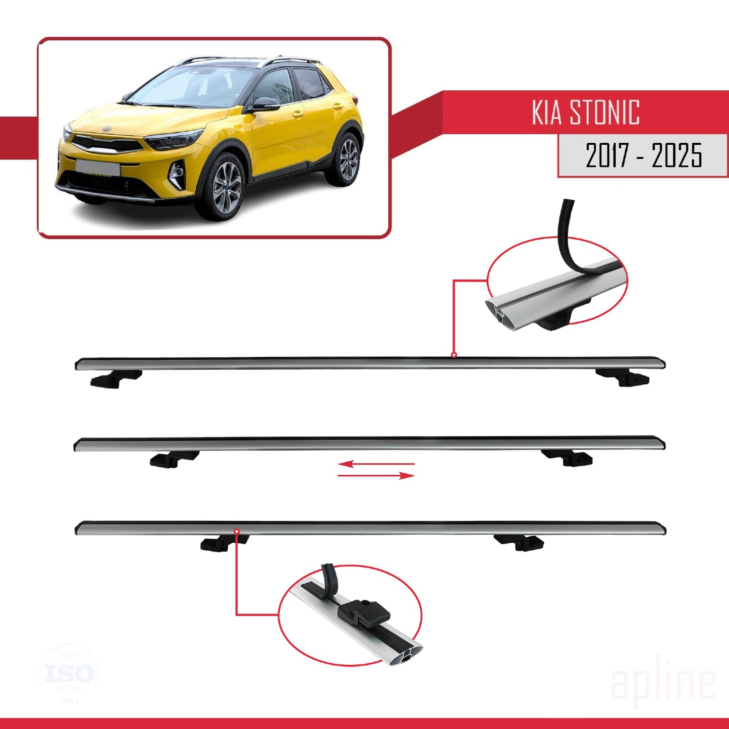 Compatible avec Kia Stonic 2017-2025 BASIC Model Barres de Toit Railing Porte-Bagages de Voiture Gris Aluminium 3 Barres