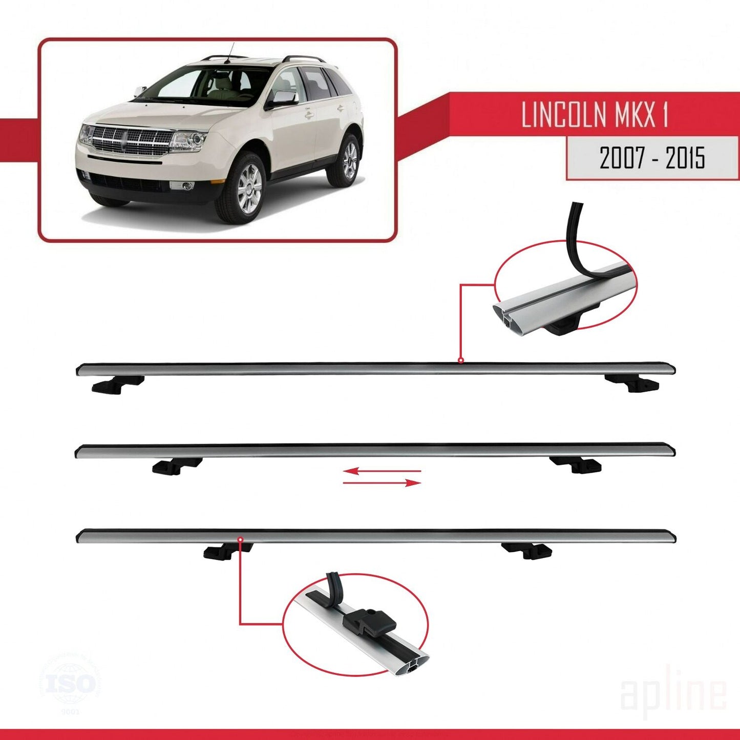 Compatible avec Lincoln MKX (U388) 2007-2015 BASIC Model Barres de Toit Railing Porte-Bagages de Voiture Gris Aluminium 3 Barres