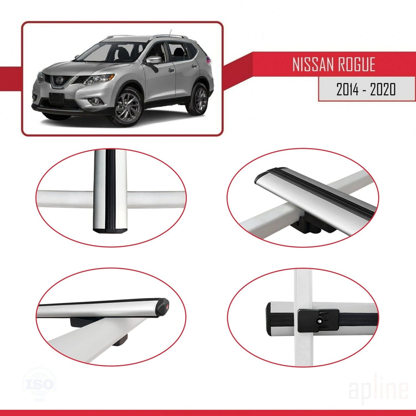 Compatible avec Nissan Rogue 2 (T32) 2014-2020 BASIC Model Barres de Toit Railing Porte-Bagages de Voiture Gris Aluminium 3 Barres