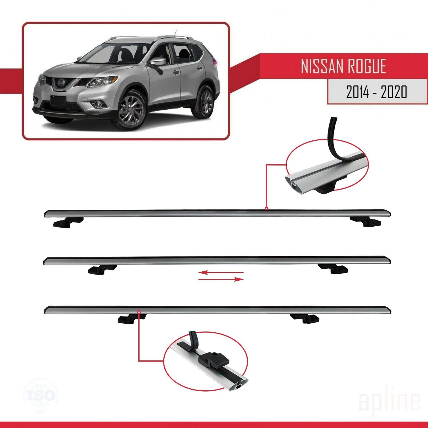 Compatible avec Nissan Rogue 2 (T32) 2014-2020 BASIC Model Barres de Toit Railing Porte-Bagages de Voiture Gris Aluminium 2 Barres