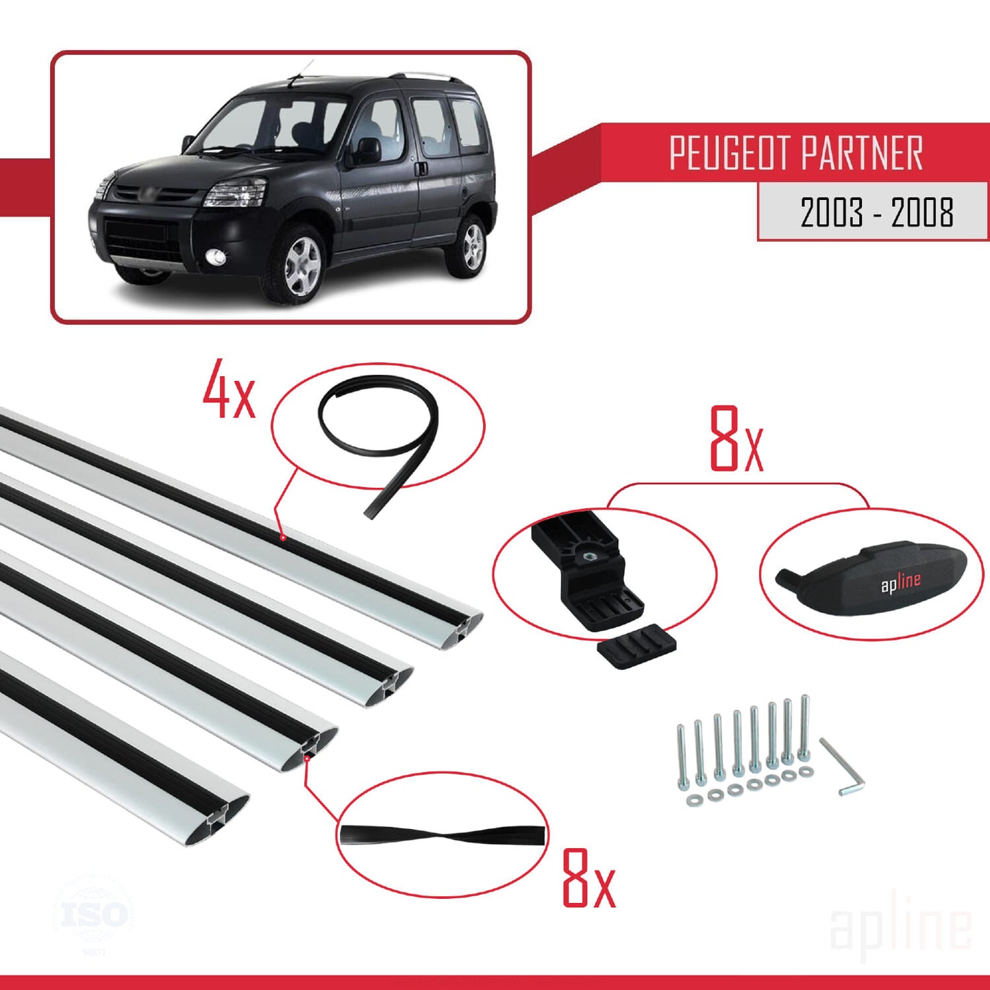 Compatible avec Peugeot Partner Post-Facelift 2003-2008 BASIC Model Barres de Toit Railing Porte-Bagages de Voiture Gris Aluminium 4 Barres