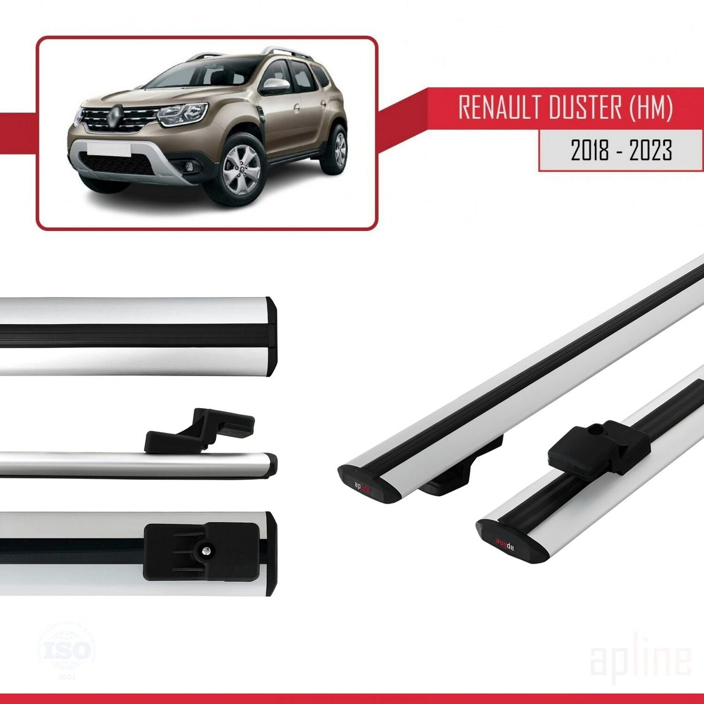 Compatible avec Renault Duster 2 (HM) 2018-2024 BASIC Model Barres de Toit Railing Porte-Bagages de Voiture Gris Aluminium 2 Barres