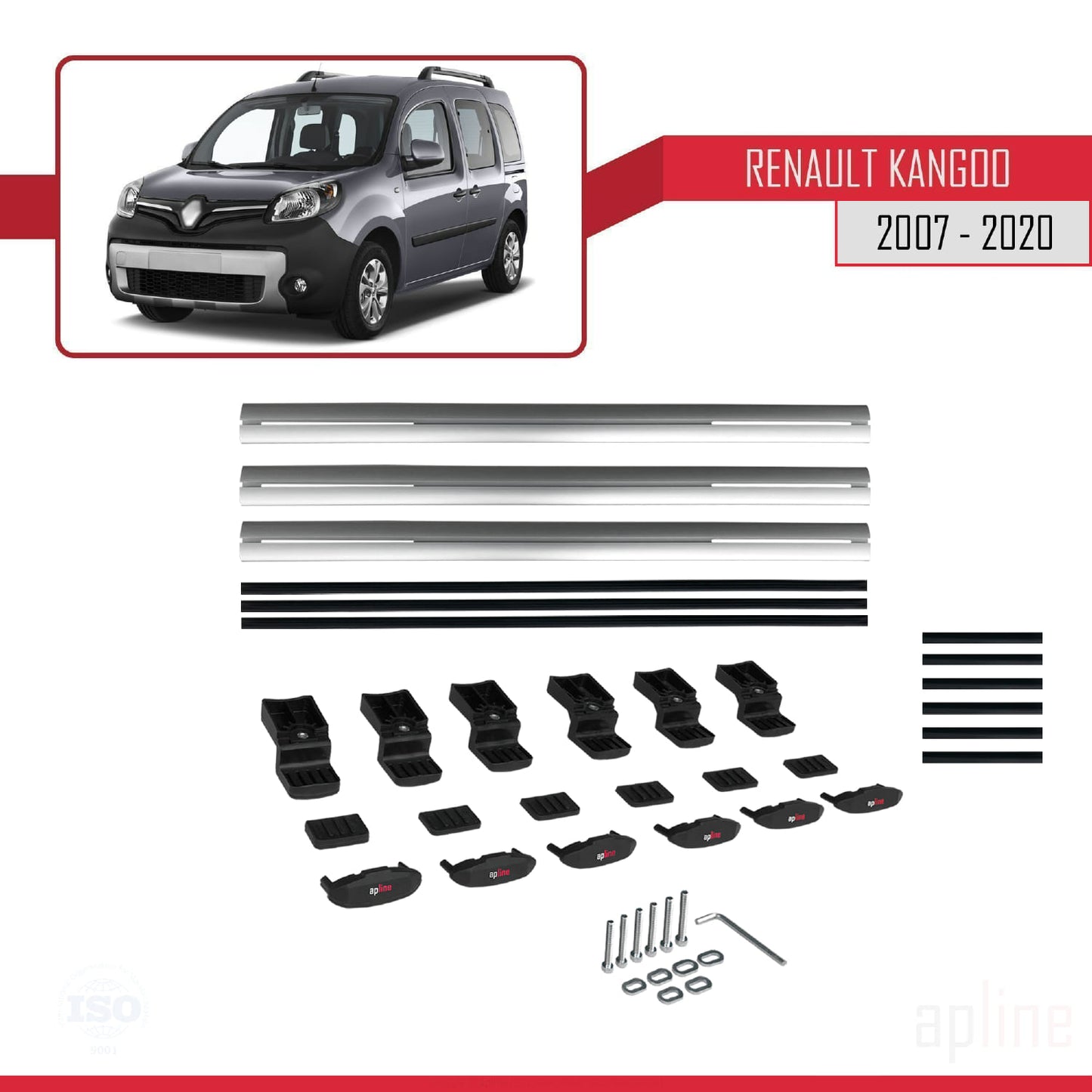 Compatible avec Renault Kangoo 2 (X61) 2007-2020 BASIC Model Barres de Toit Railing Porte-Bagages de Voiture Gris Aluminium 3 Barres