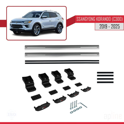 Compatible avec Ssangyong Korando 4 (C300) 2019-2025 BASIC Model Barres de Toit Railing Porte-Bagages de Voiture Gris Aluminium 2 Barres
