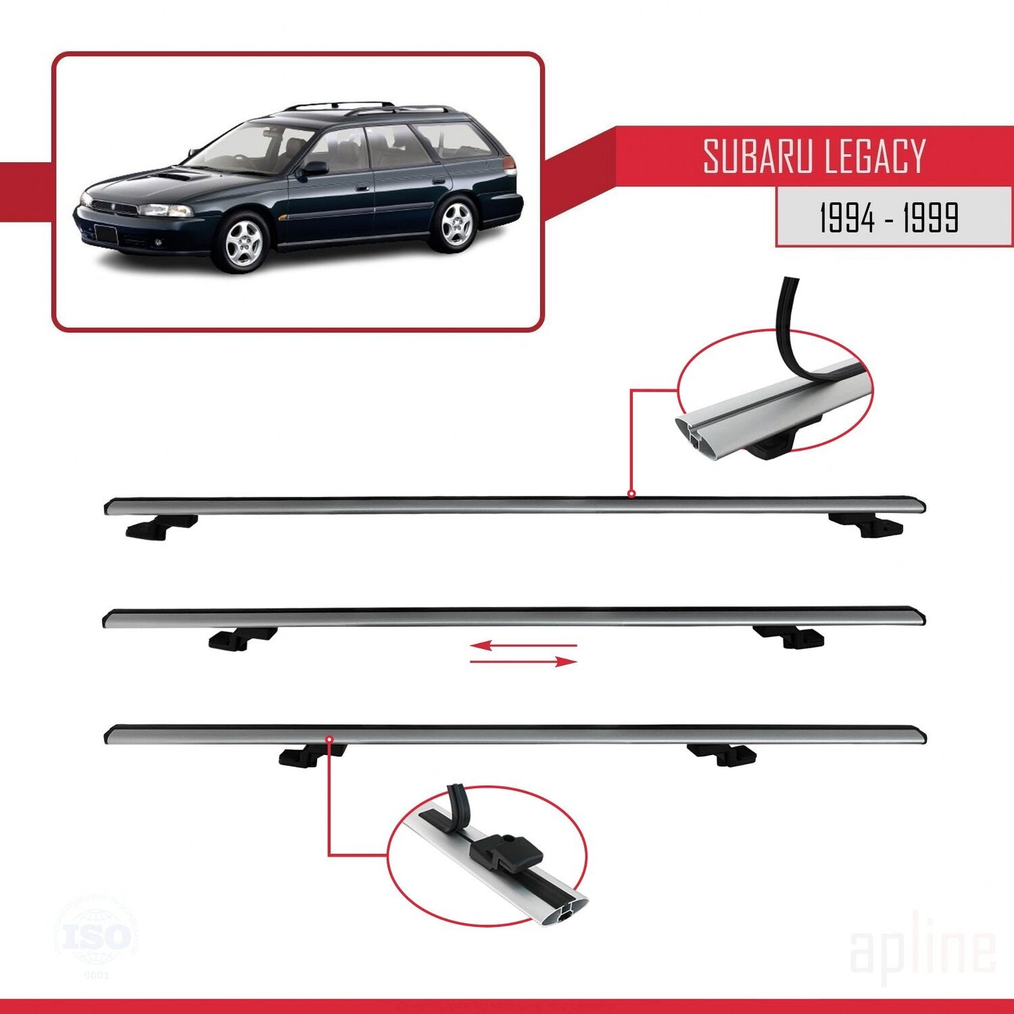 Compatible avec Subaru Legacy 2 (BD) 1994-1999 BASIC Model Barres de Toit Railing Porte-Bagages de Voiture Gris Aluminium 2 Barres