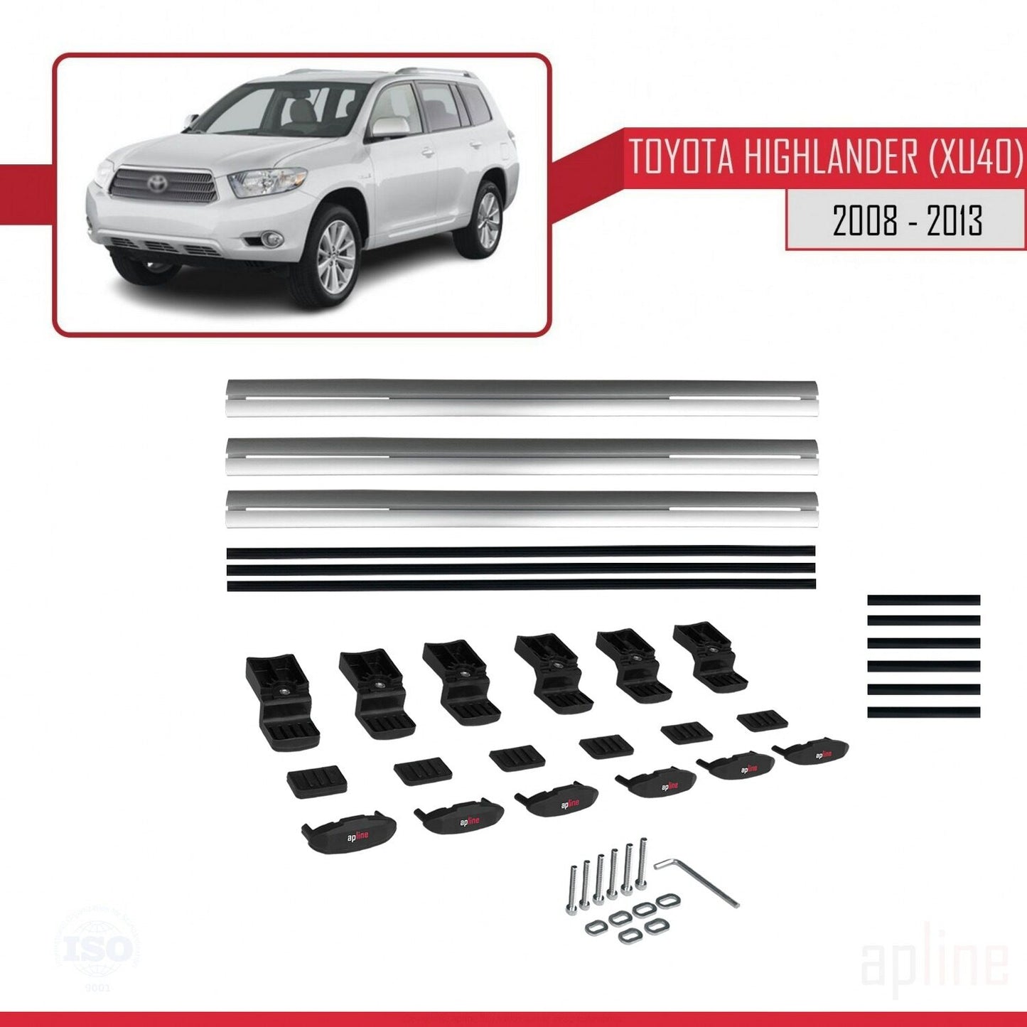 Compatible avec Toyota Highlander (XU40) 2008-2013 BASIC Model Barres de Toit Railing Porte-Bagages de Voiture Gris Aluminium 3 Barres