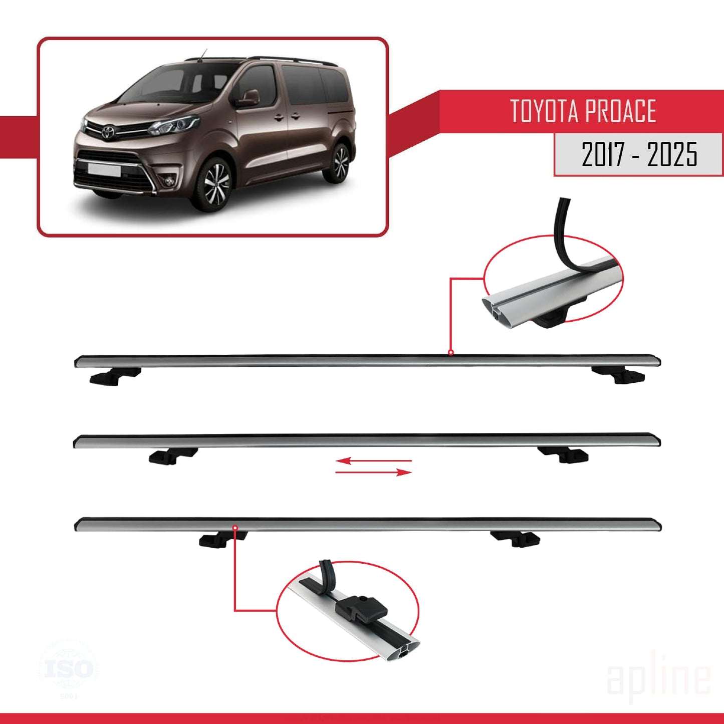 Compatible avec Toyota Proace 2017-2025 BASIC Model Barres de Toit Railing Porte-Bagages de Voiture Gris Aluminium 3 Barres