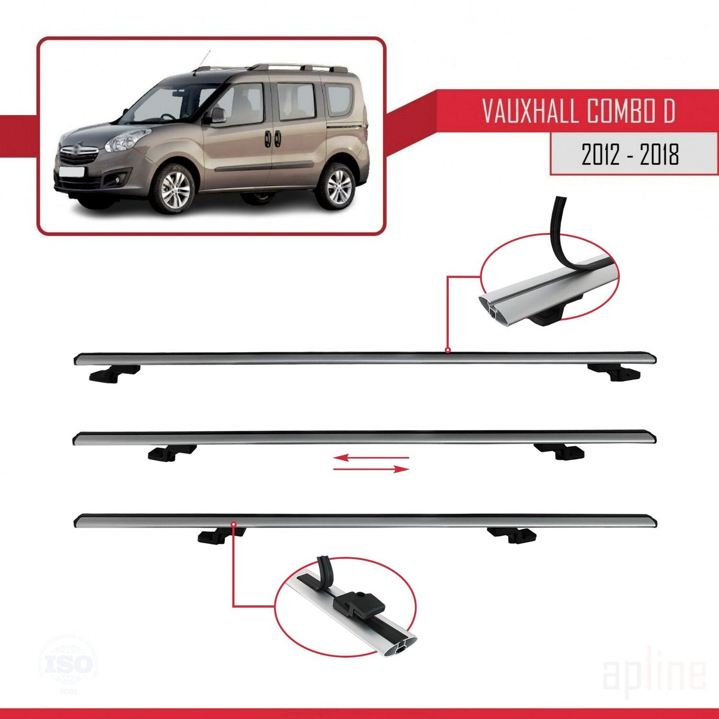 Compatible avec Vauxhall Combo D 2012-2018 BASIC Model Barres de Toit Railing Porte-Bagages de Voiture Gris Aluminium 2 Barres
