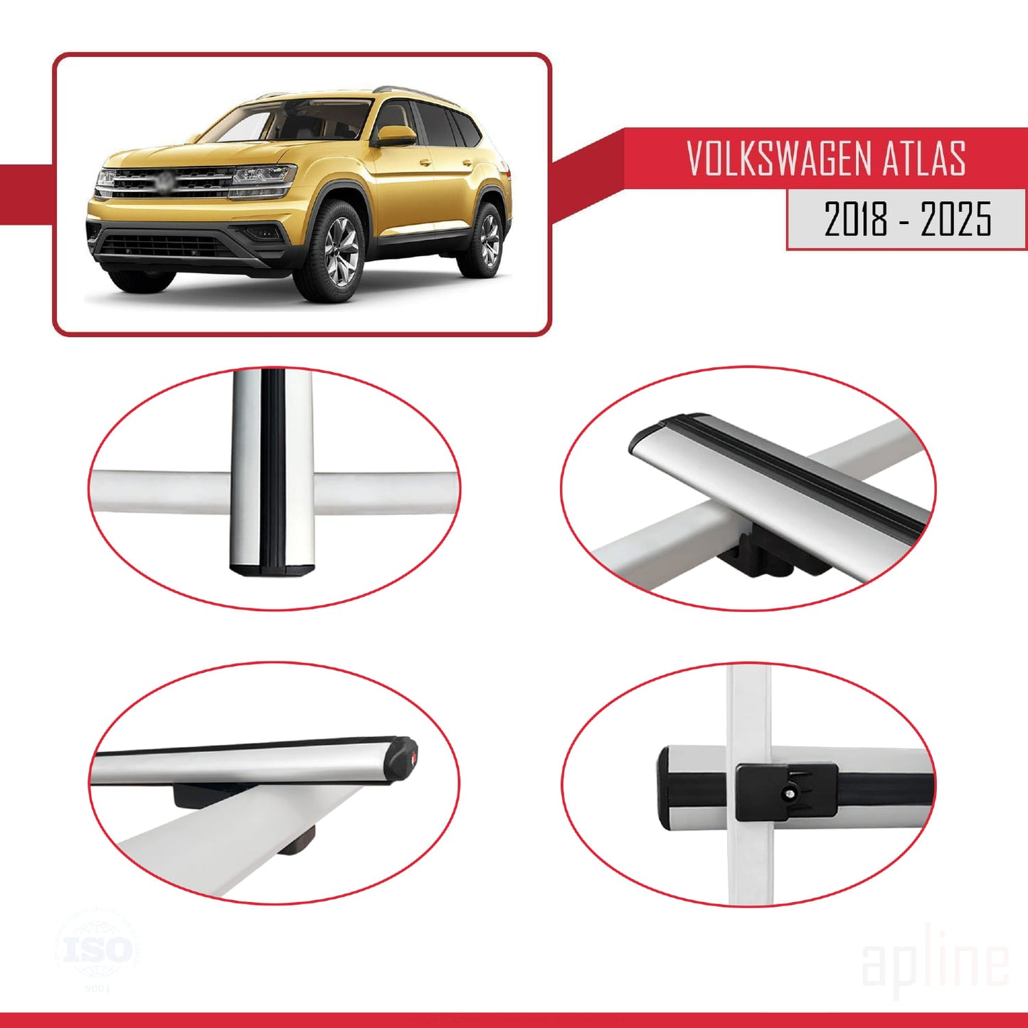 Compatible avec Volkswagen Atlas (CA1) 2018-2025 BASIC Model Barres de Toit Railing Porte-Bagages de Voiture Gris Aluminium 2 Barres