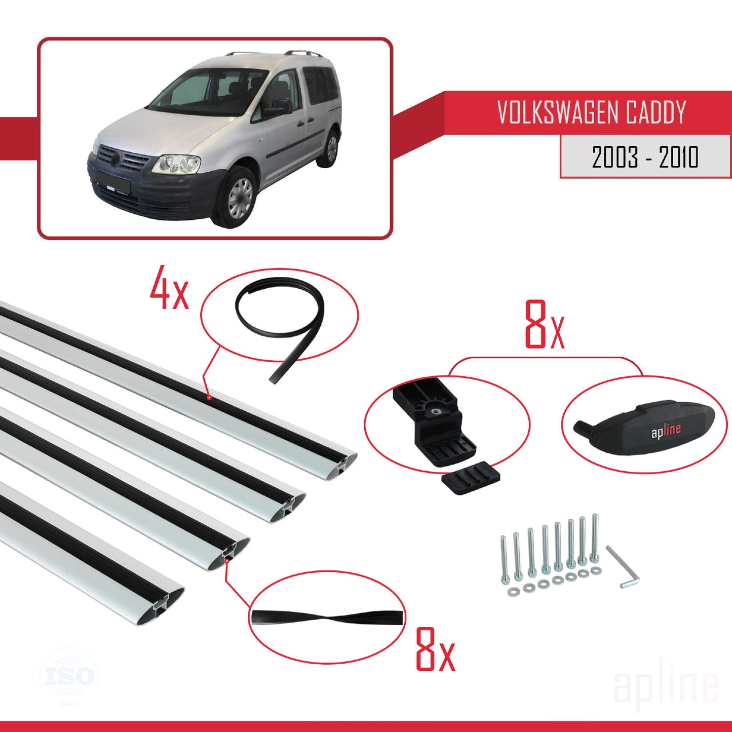Compatible avec Volkswagen Caddy 3 (2K) 2003-2010 BASIC Model Barres de Toit Railing Porte-Bagages de Voiture Gris Aluminium 4 Barres
