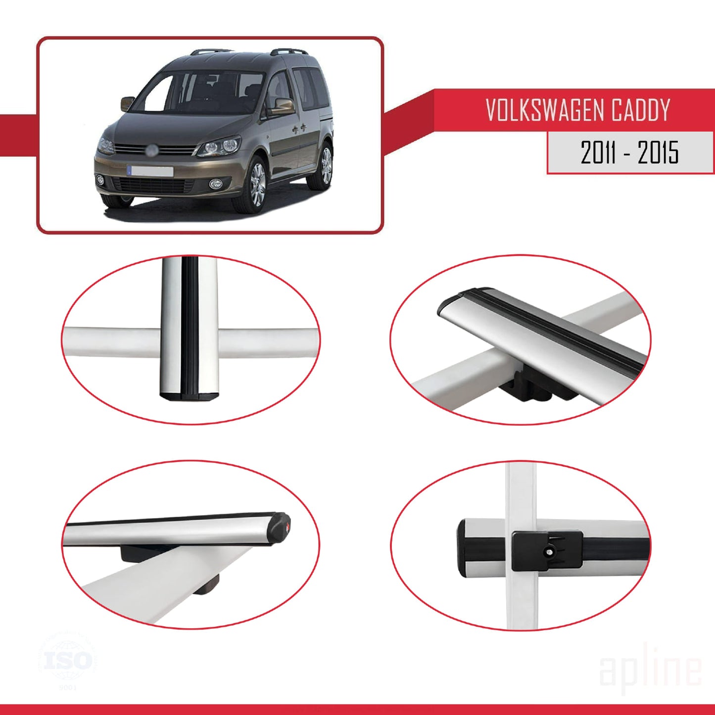 Compatible avec Volkswagen Caddy 3 (2K) 2011-2015 BASIC Model Barres de Toit Railing Porte-Bagages de Voiture Gris Aluminium 3 Barres