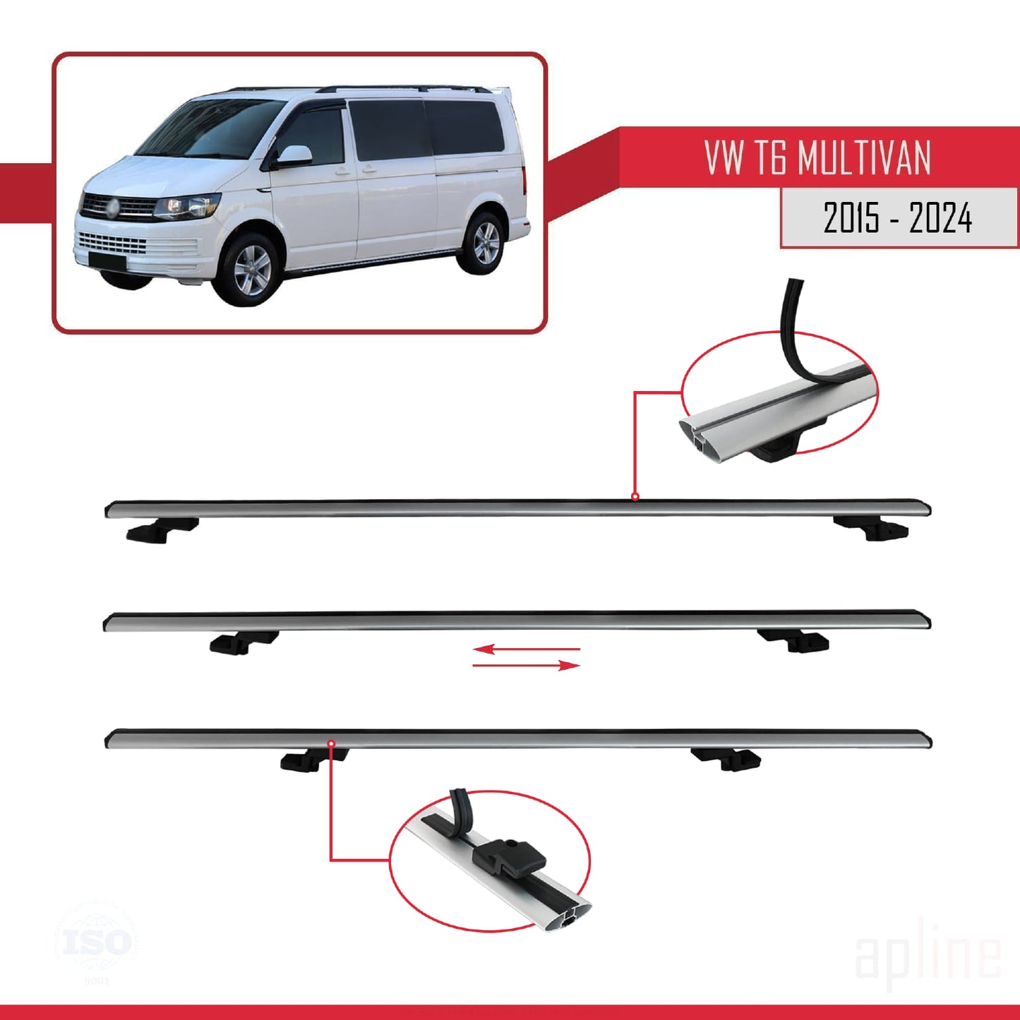 Compatible avec Volkswagen T6 Multivan 2015-2024 BASIC Model Barres de Toit Railing Porte-Bagages de Voiture Gris Aluminium 3 Barres