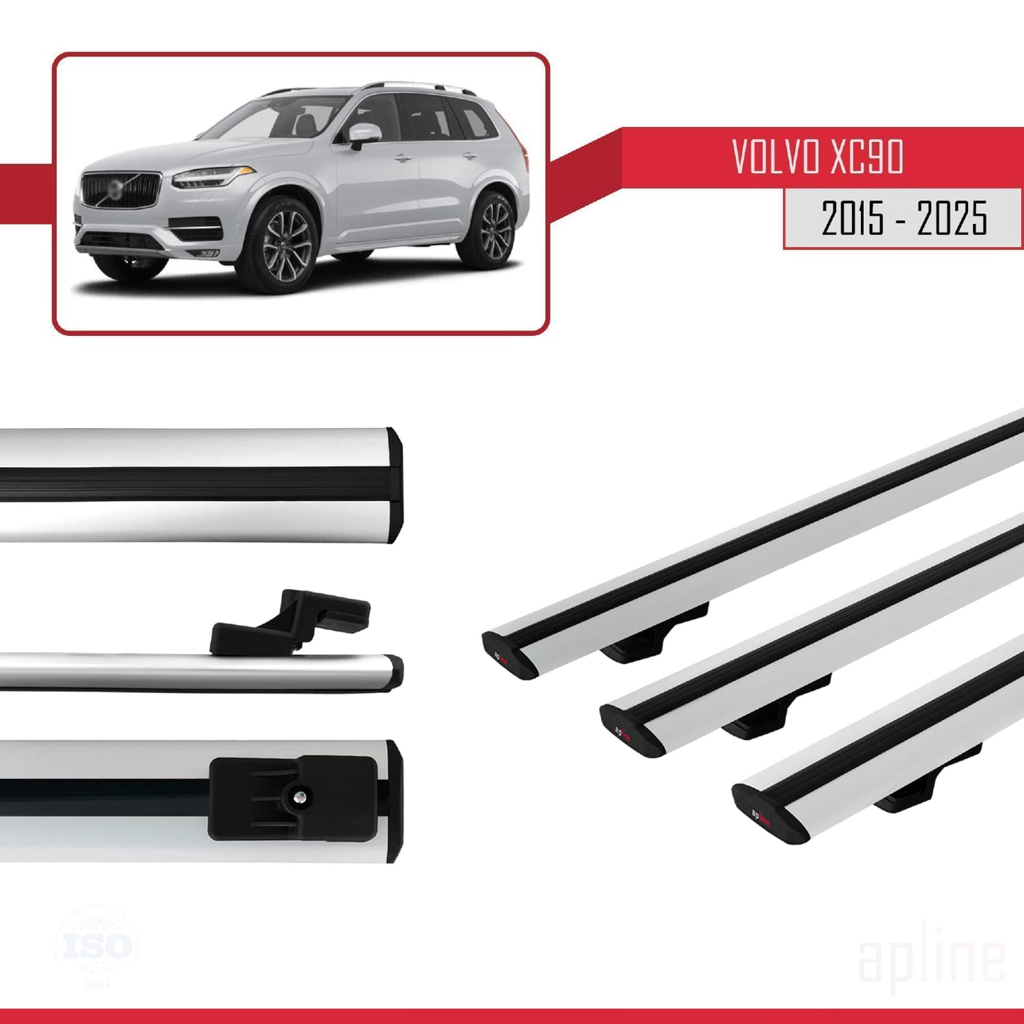 Compatible avec Volvo XC90 II 2015-2025 BASIC Model Barres de Toit Railing Porte-Bagages de Voiture Gris Aluminium 3 Barres