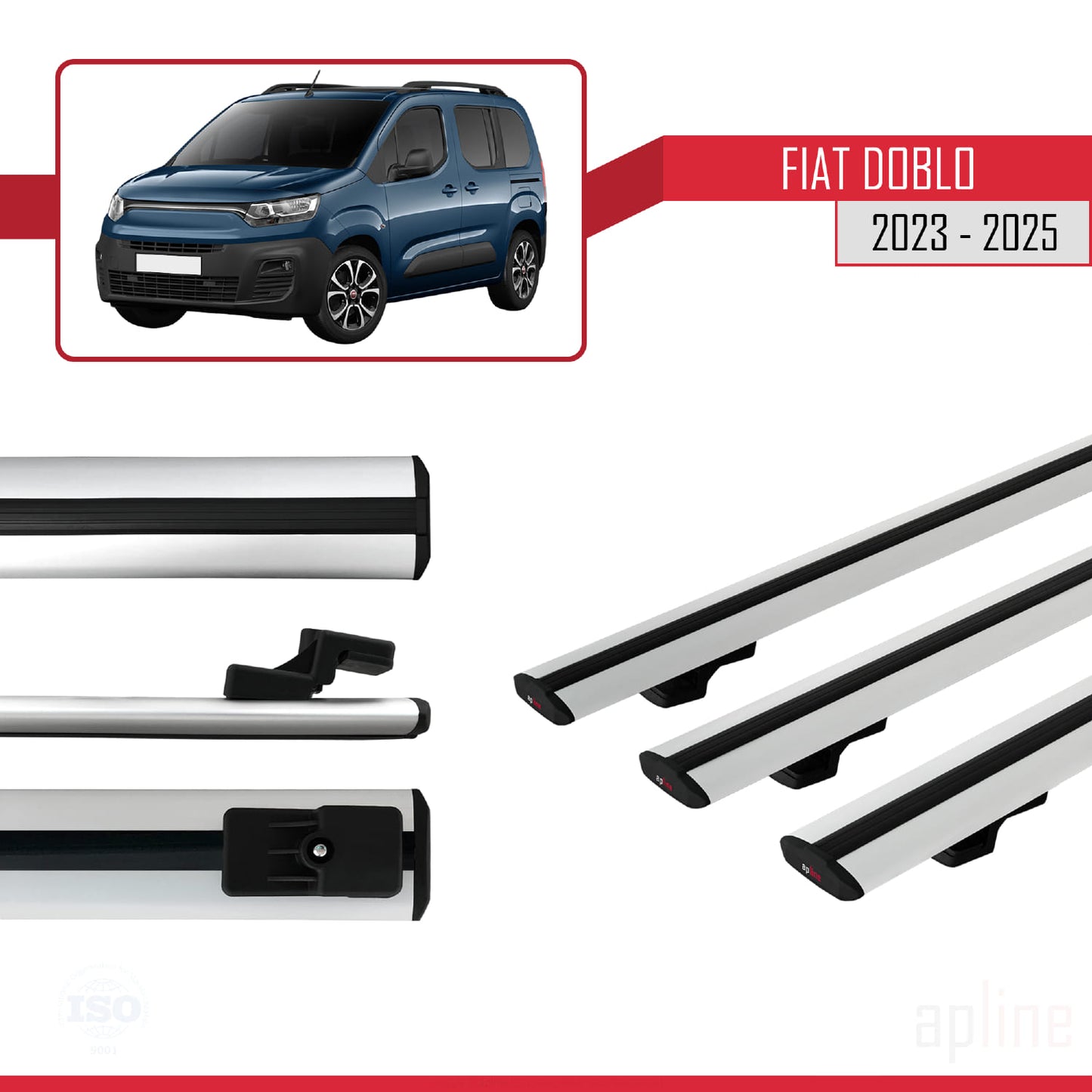 Compatible avec Fiat Doblo 3 2023-2025 BASIC Model Barres de Toit Railing Porte-Bagages de Voiture Gris Aluminium 3 Barres